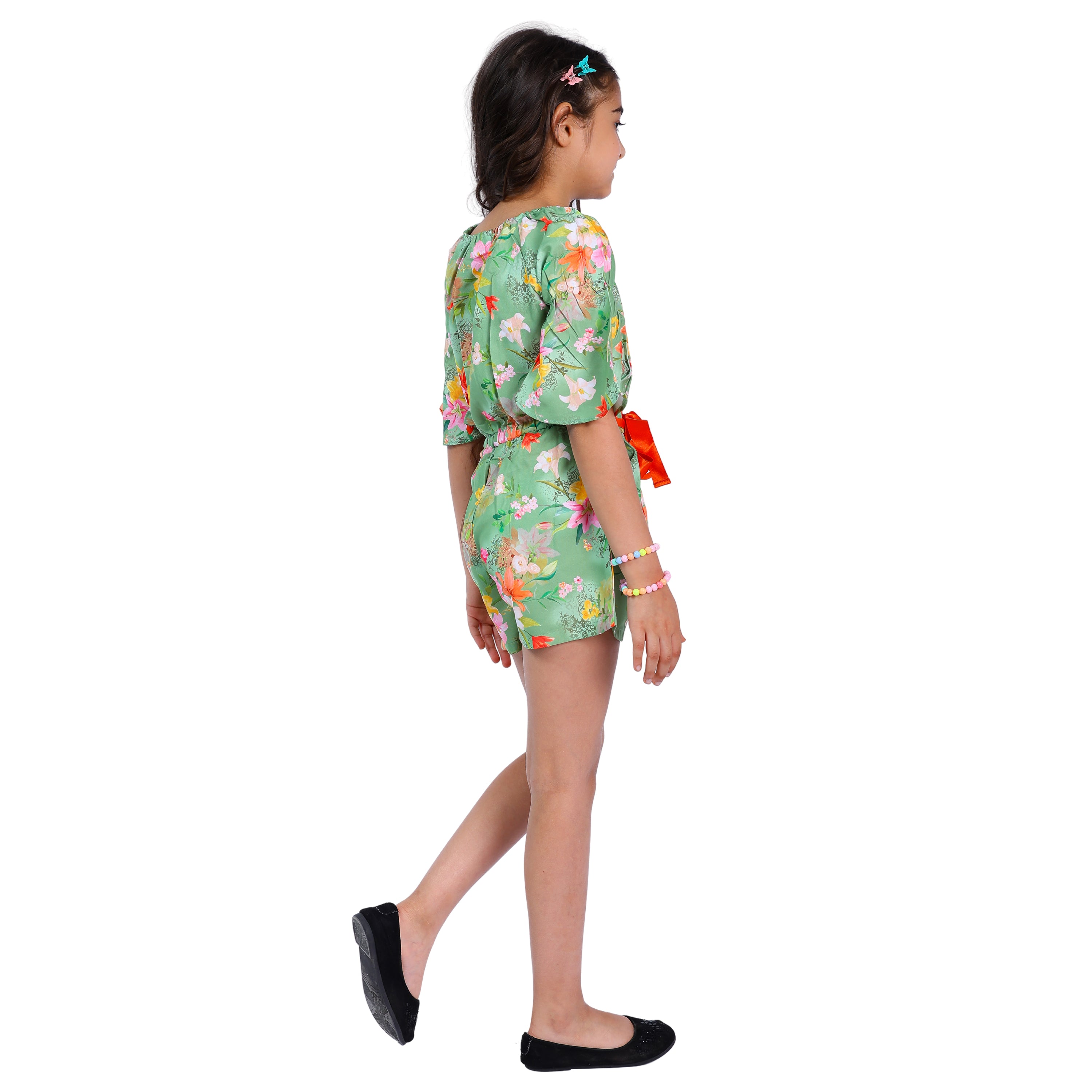 Girls Light Green Floral Stylish Comfortable Short Jumpsuit With Orange Belt 