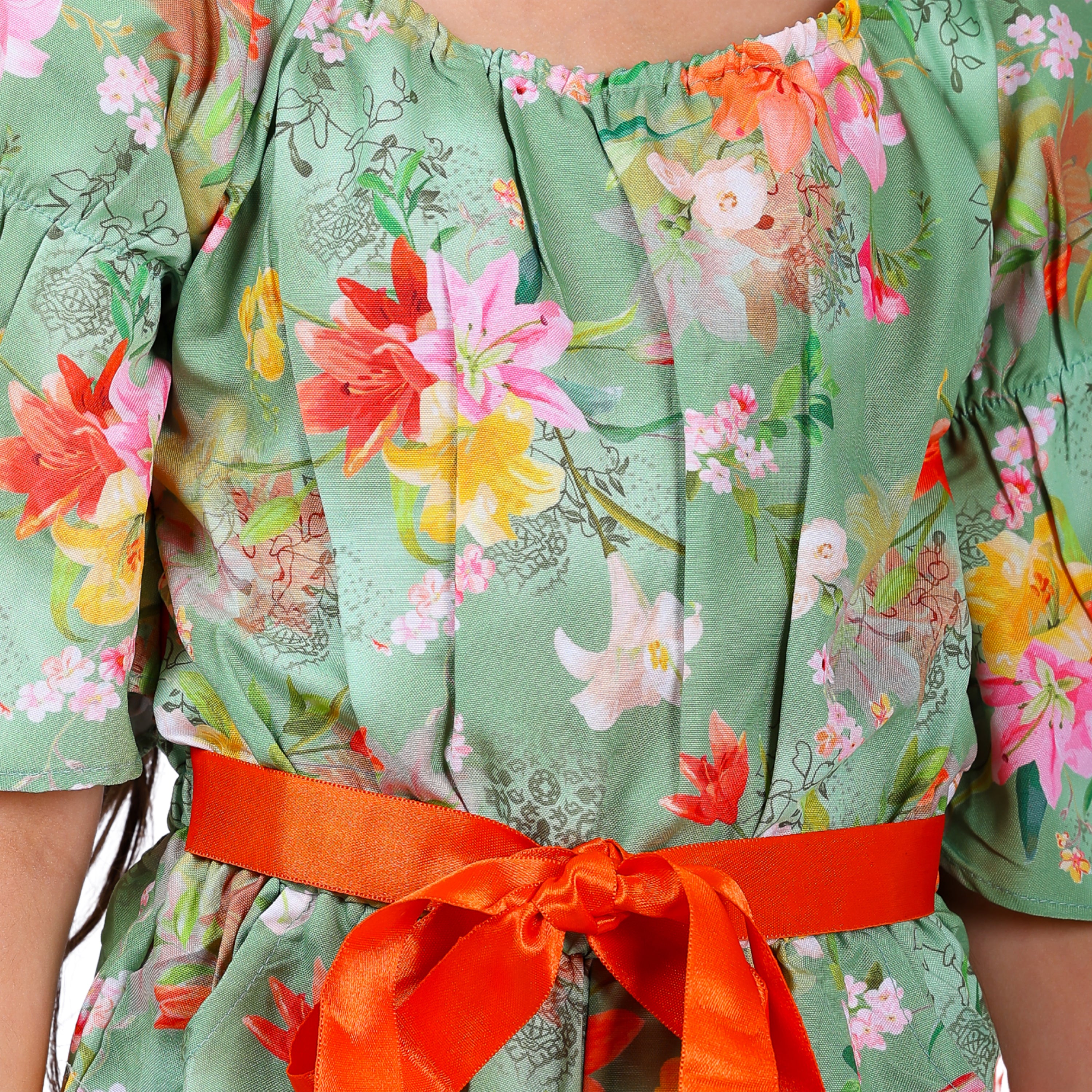 Girls Light Green Floral Stylish Comfortable Short Jumpsuit With Orange Belt 