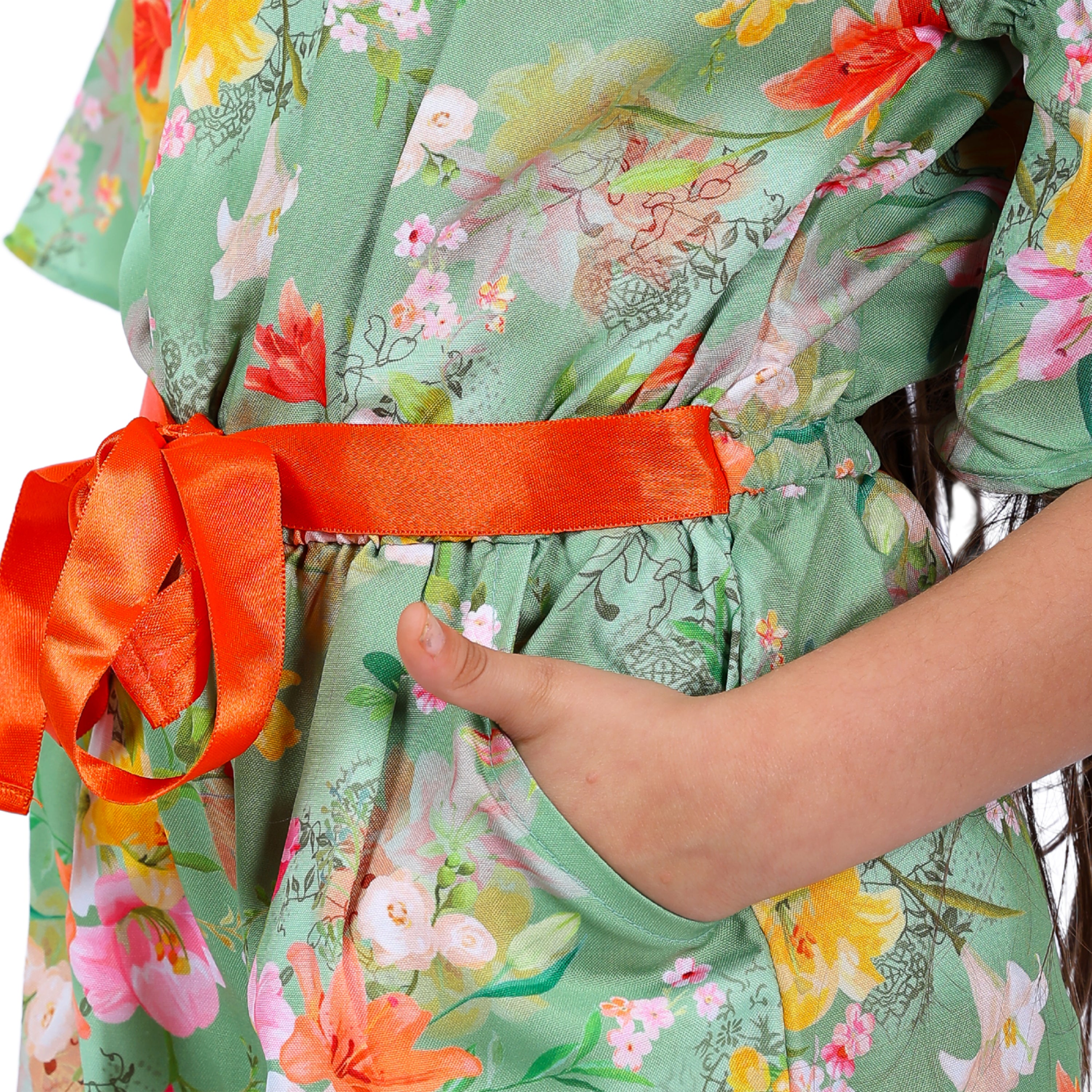 Girls Light Green Floral Stylish Comfortable Short Jumpsuit With Orange Belt 