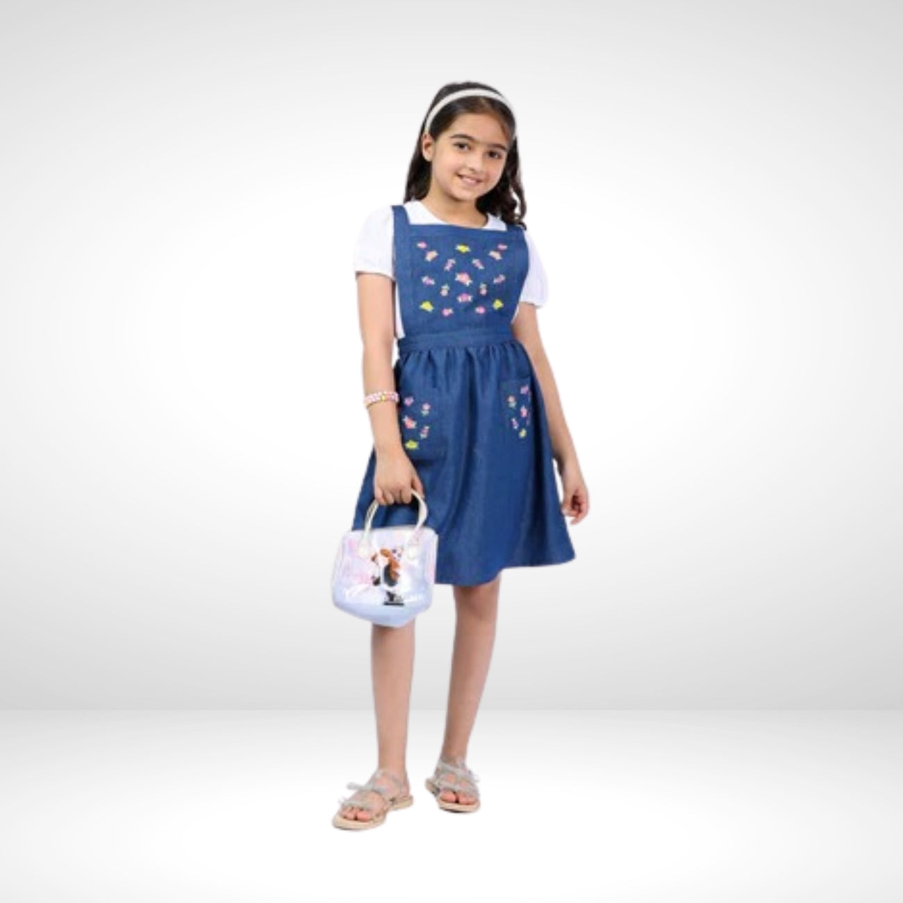 Girls Denim Pinafore Dress with Embroidered Detailing and Top (4–10 Yrs)