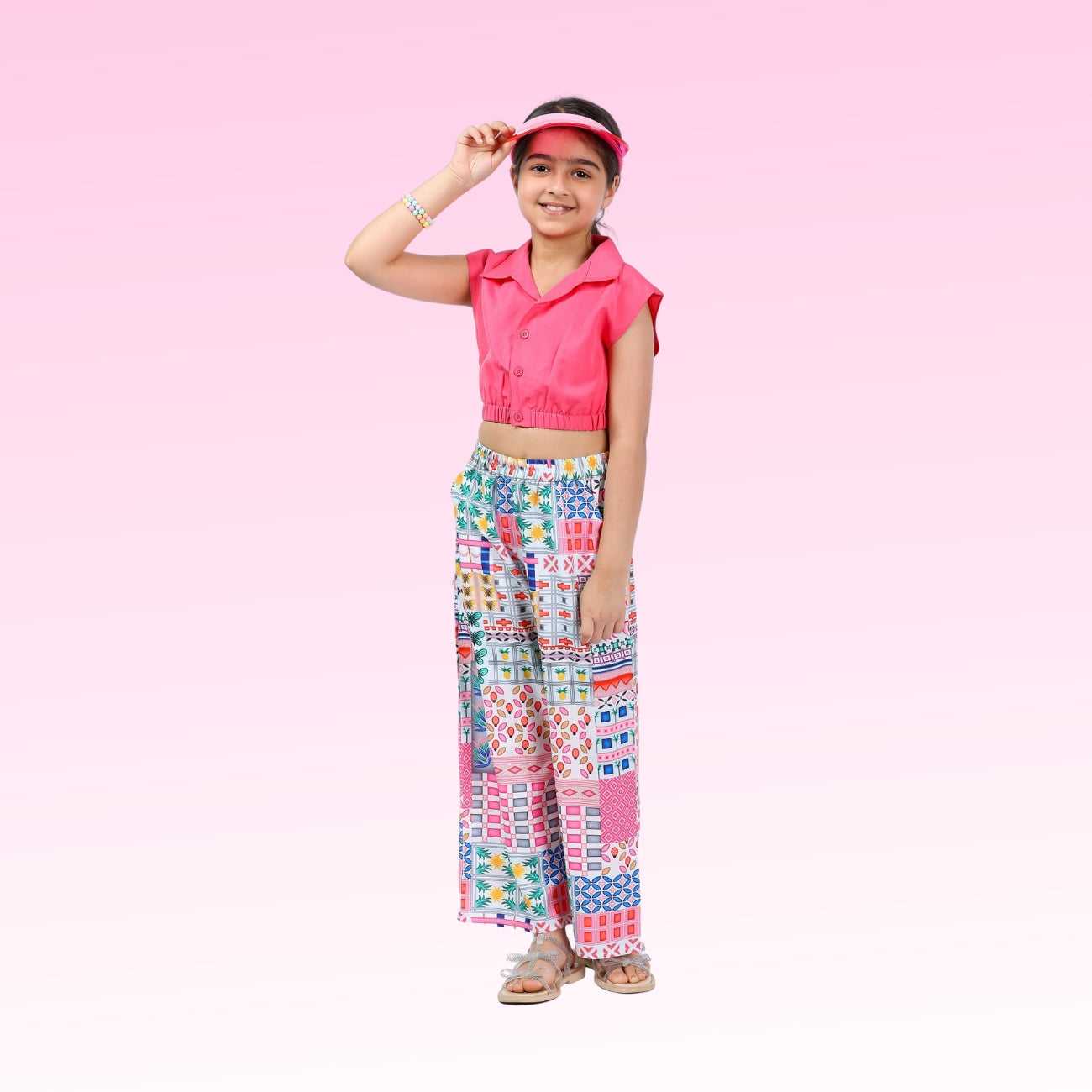 Girls Clothing Set – Pink Abstract Print, Collar Style (4–10 Yrs)