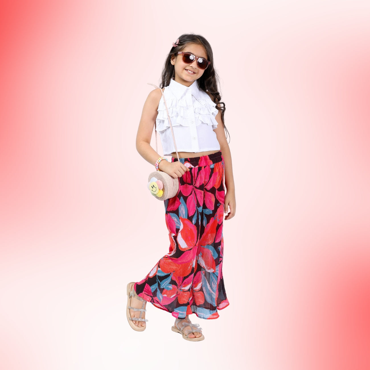 Girls Floral Printed & Pleated Clothing Set – White & Red (4–10 Yrs)