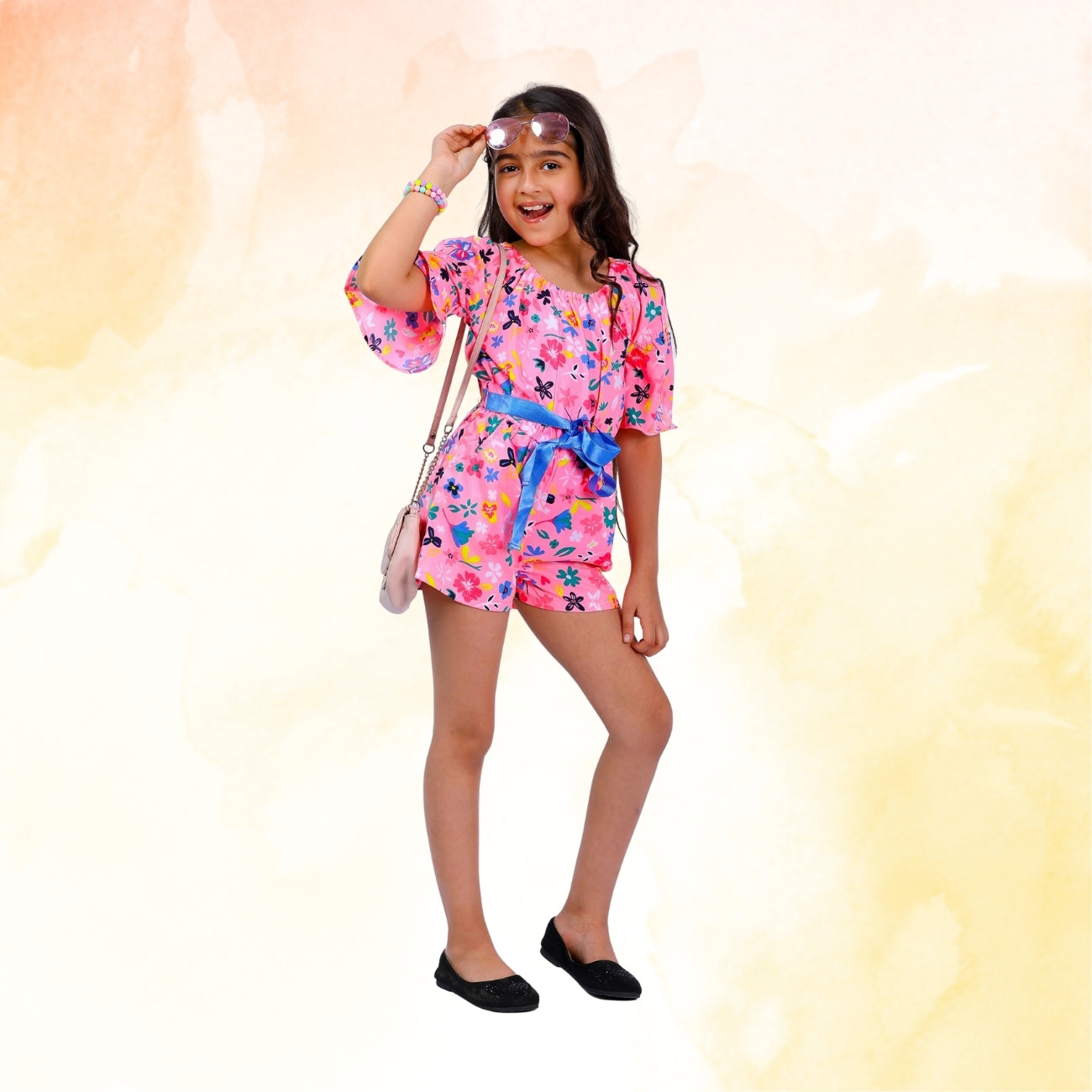 Girls Neon Pink Floral Stylish Comfortable Short Jumpsuit With Blue Belt 