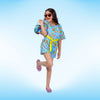 Girls Blue Flora Stylish Comfortable Short Jumpsuit With Yellow Clr Belt 