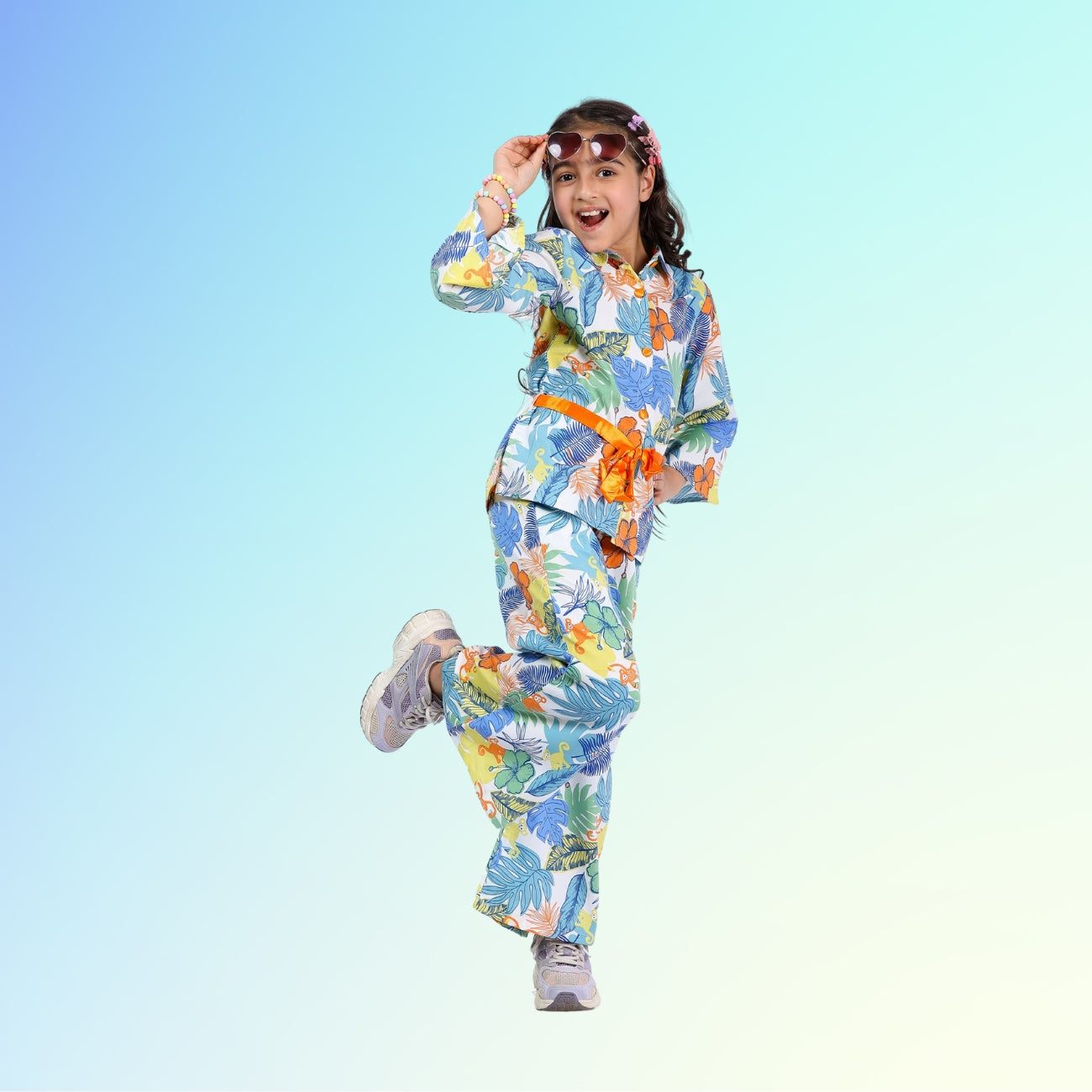 Girls Cord Set – Animal Print with Orange Belt (Bell Sleeves, 4–10 Yrs)