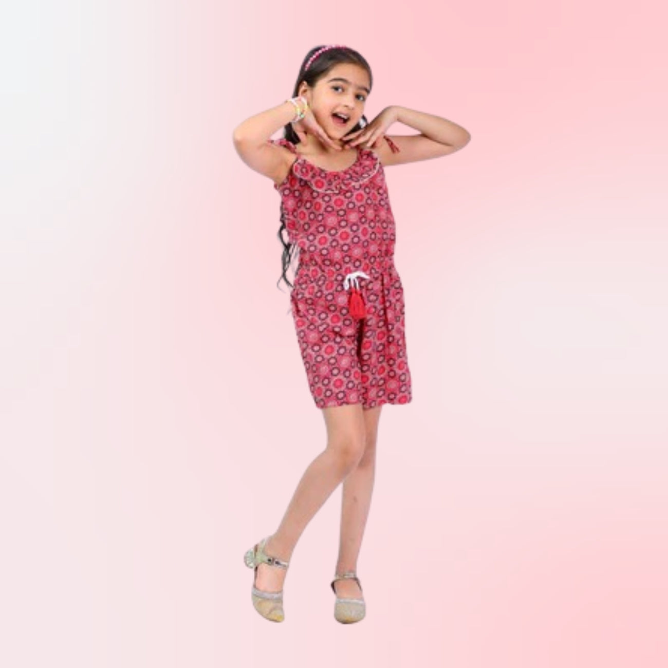 Girls Printed Floral Stylish Comfortable Short  Jumpsuit  Red