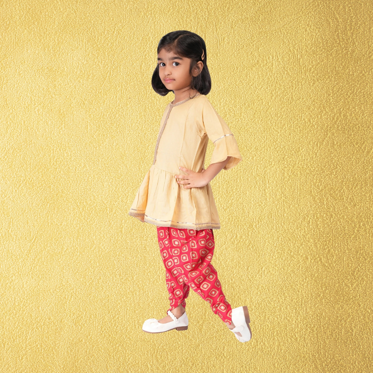 Girls Ethnic Dhoti Set – Beige & Red Foil Print with Gota Patti Work