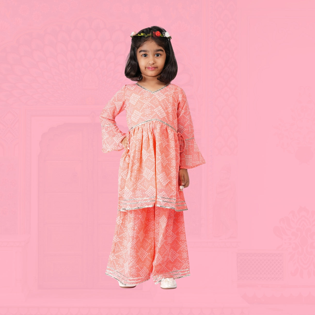 Peach Jaipuri Printed Sharara Set with Gota Patti Work – Ethnic Wear for Girls