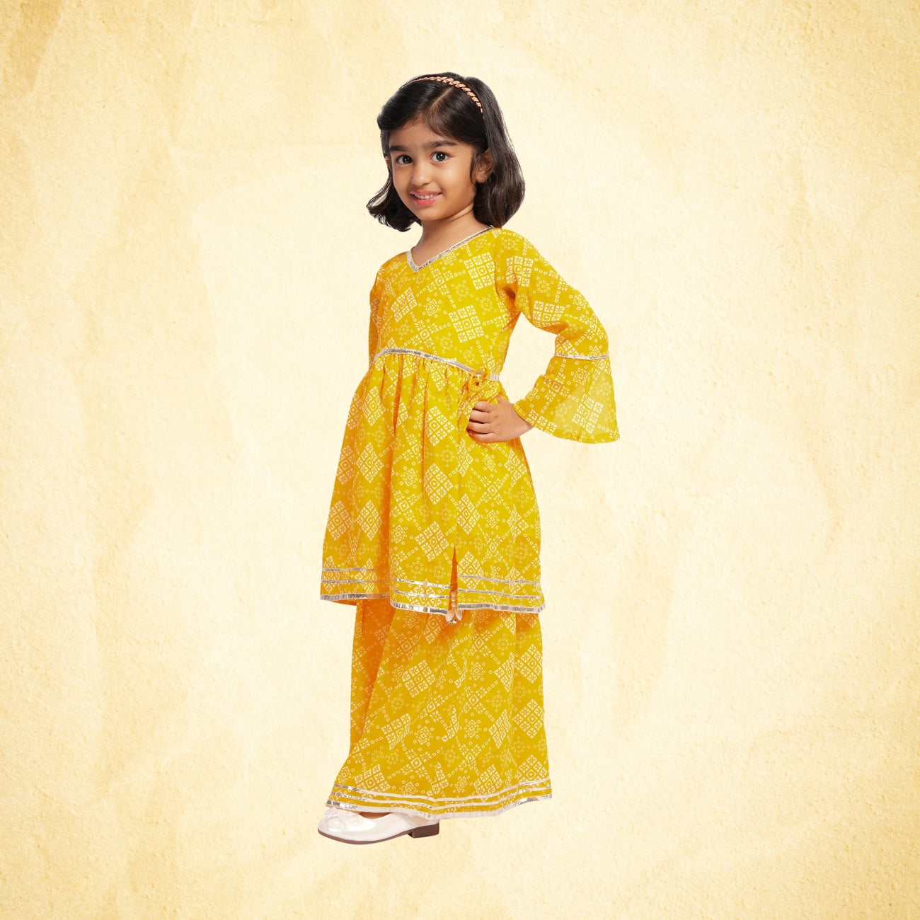 Girls Jaipuri Printed Sharara Set with Gota Work – Ethnic Wear (Yellow)