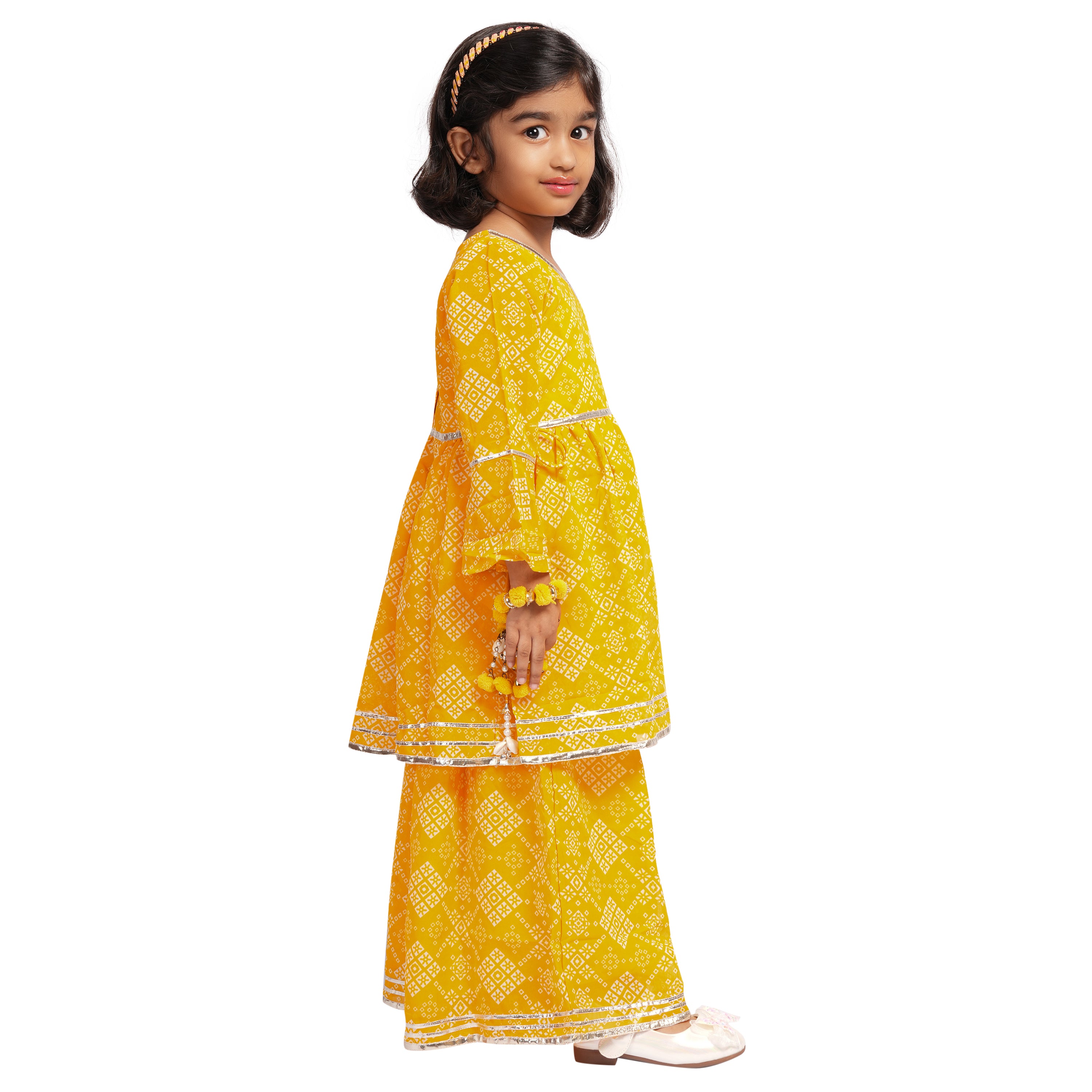 Girls Jaipuri Printed Sharara Set with Gota Work – Ethnic Wear (Yellow)