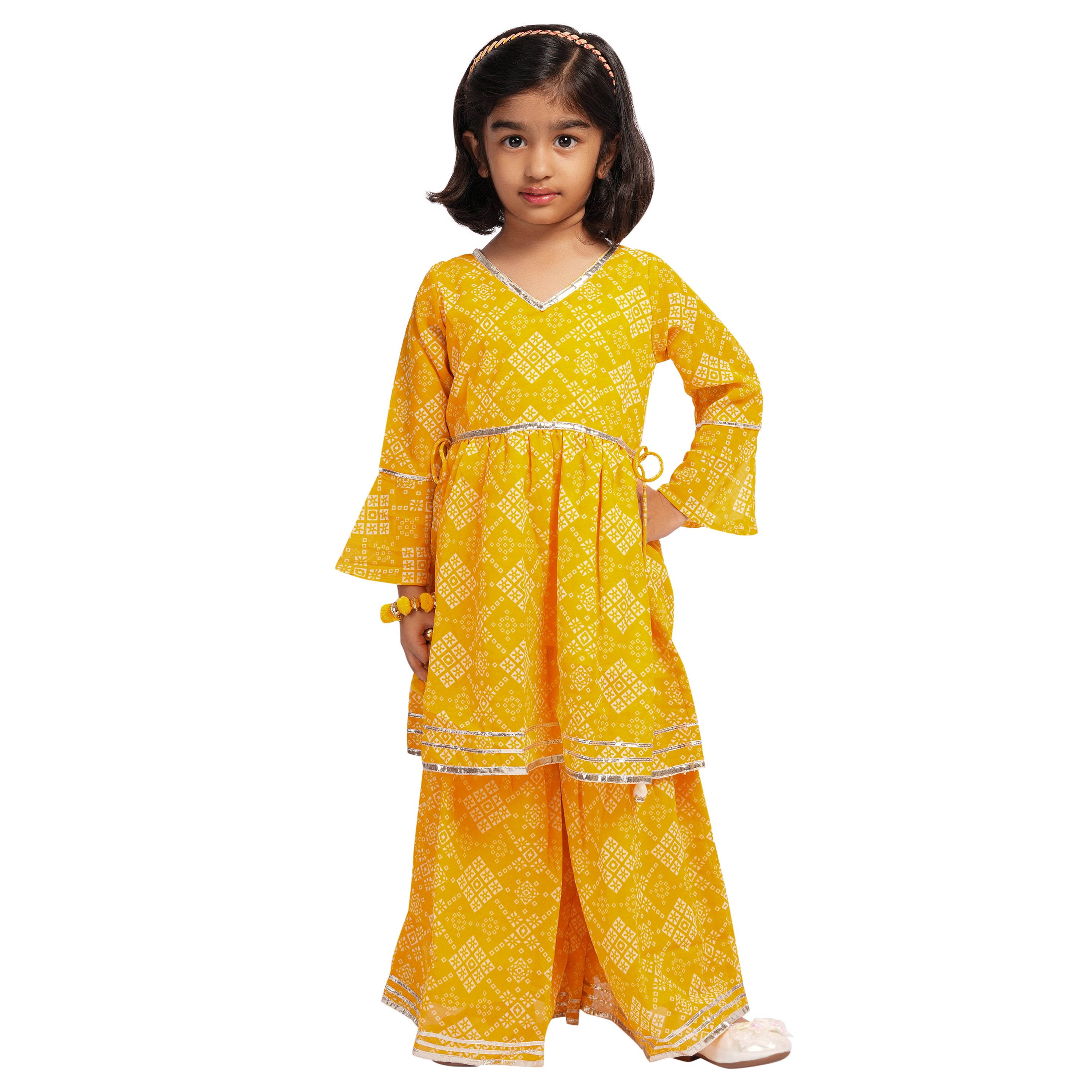 Girls Jaipuri Printed Sharara Set with Gota Work – Ethnic Wear (Yellow)