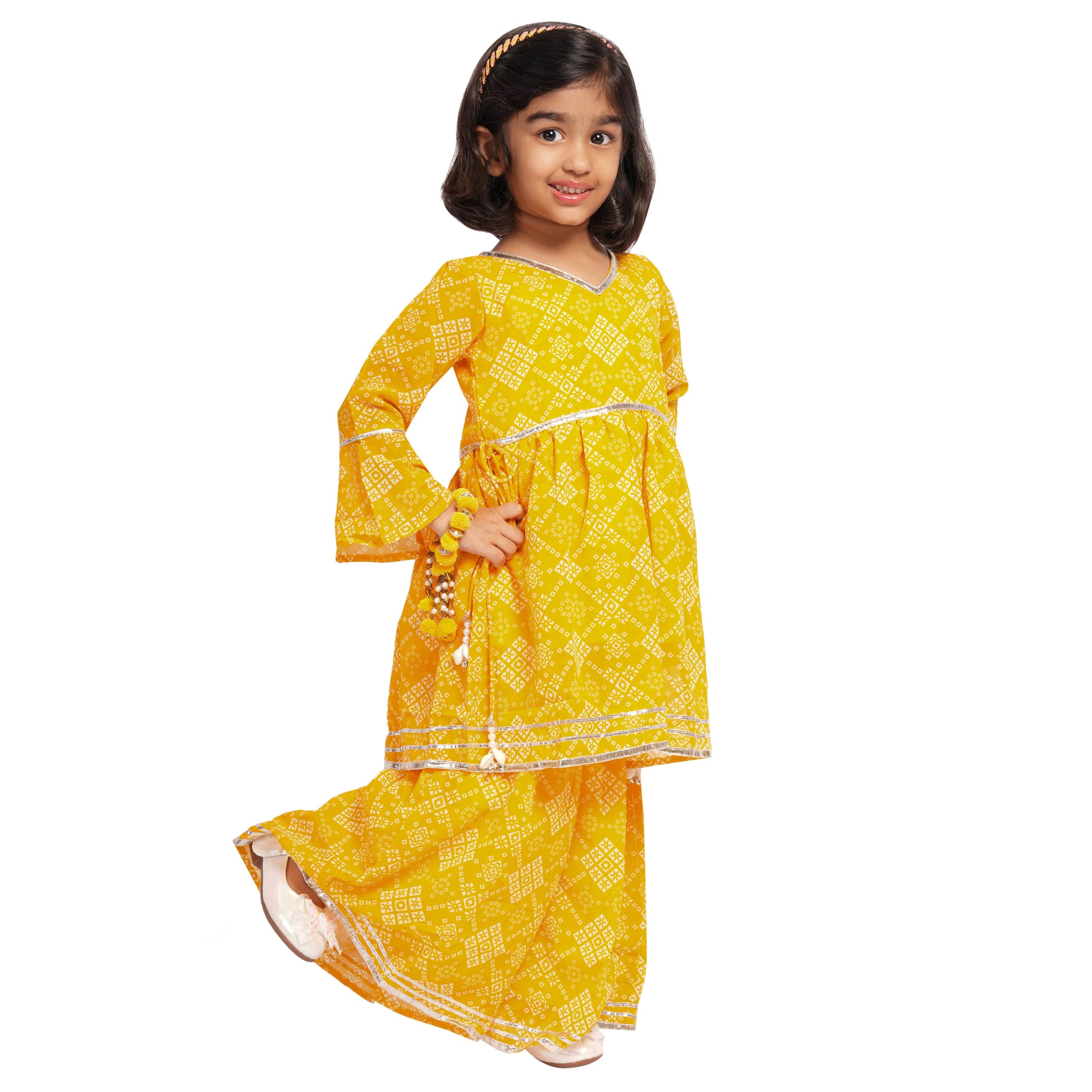 Girls Jaipuri Printed Sharara Set with Gota Work – Ethnic Wear (Yellow)