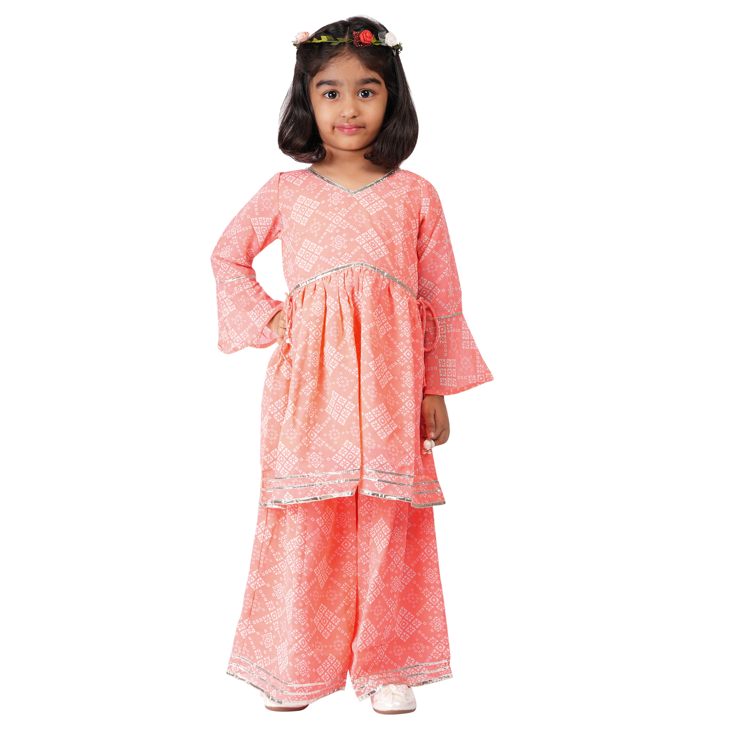 Peach Jaipuri Printed Sharara Set with Gota Patti Work – Ethnic Wear for Girls