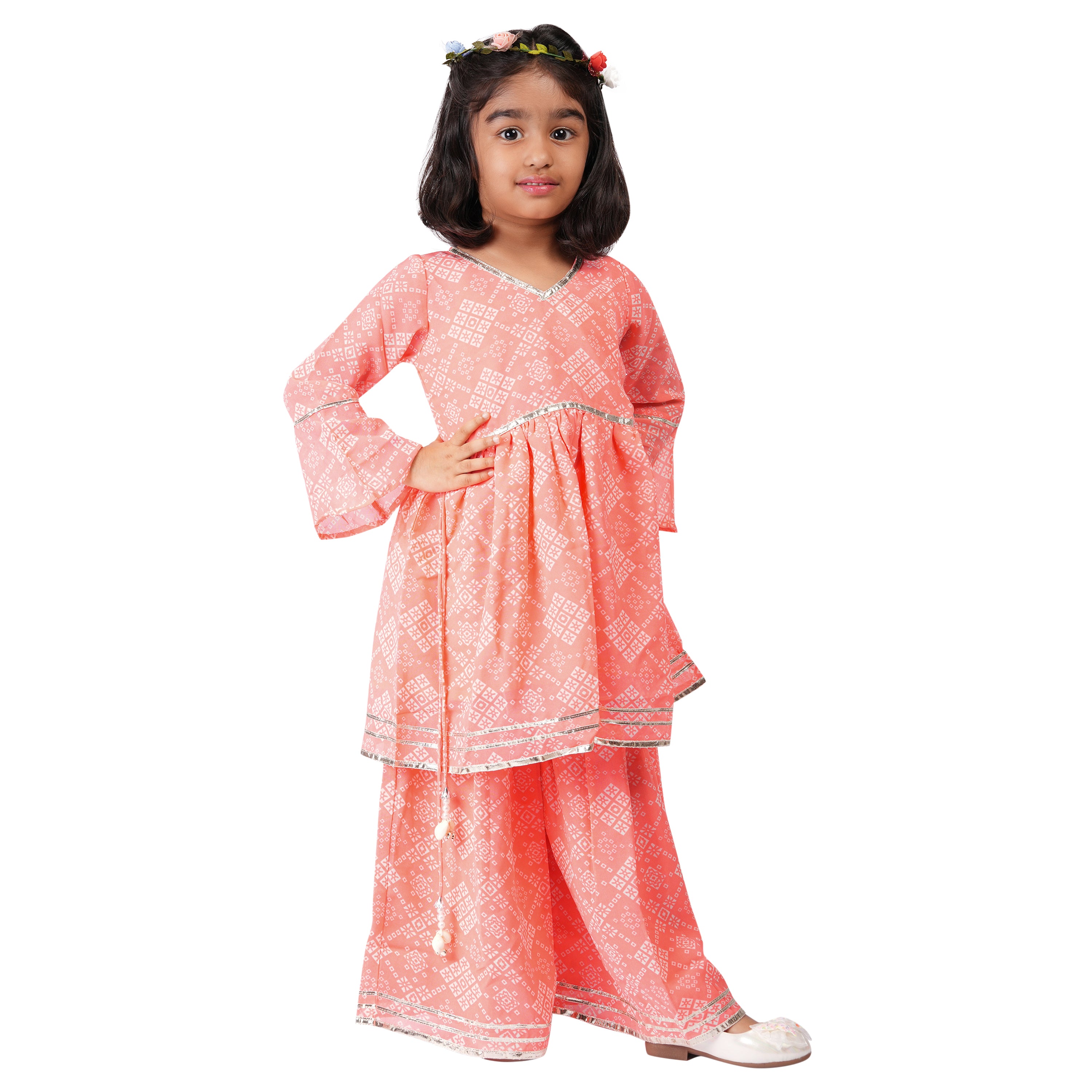 Peach Jaipuri Printed Sharara Set with Gota Patti Work – Ethnic Wear for Girls