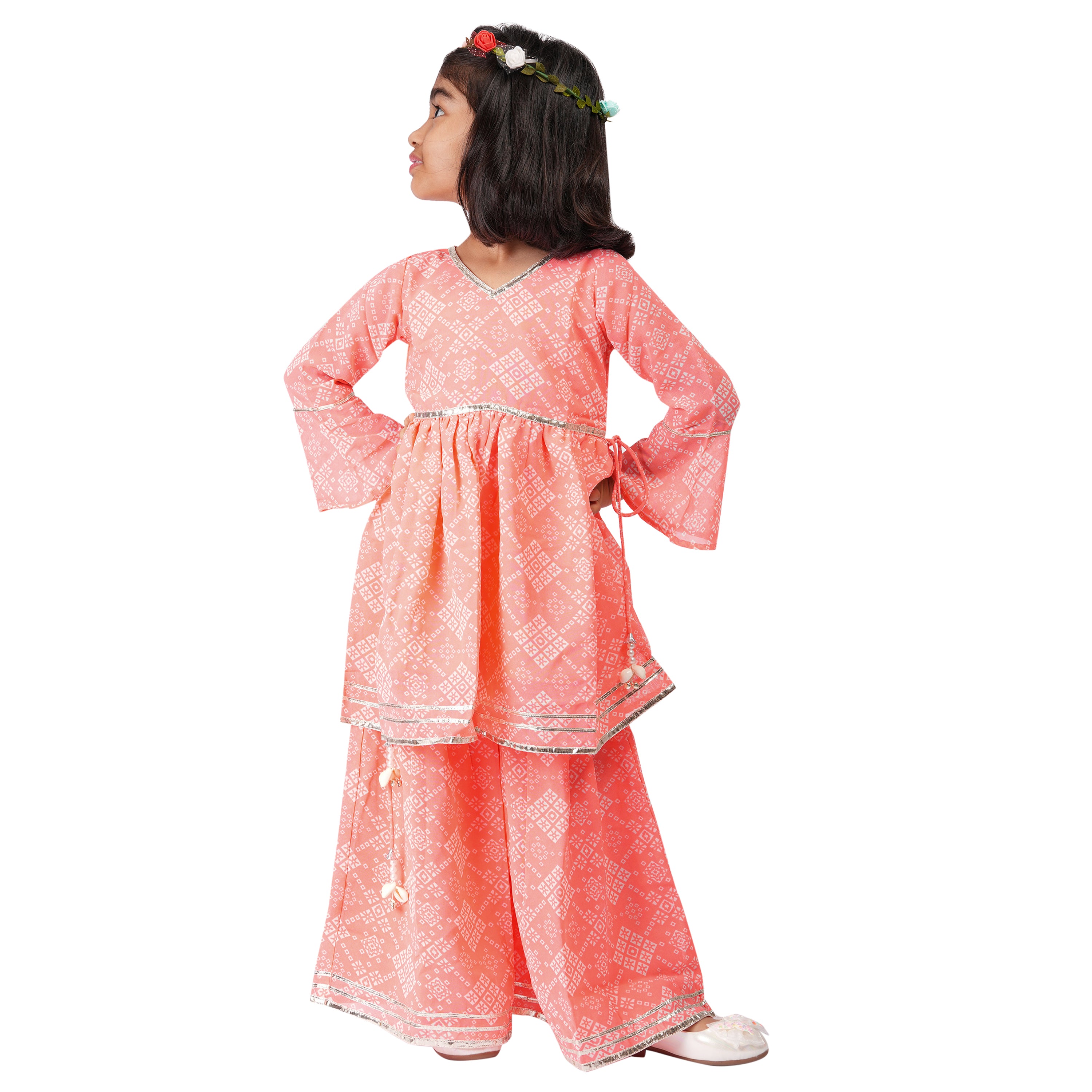 Peach Jaipuri Printed Sharara Set with Gota Patti Work – Ethnic Wear for Girls
