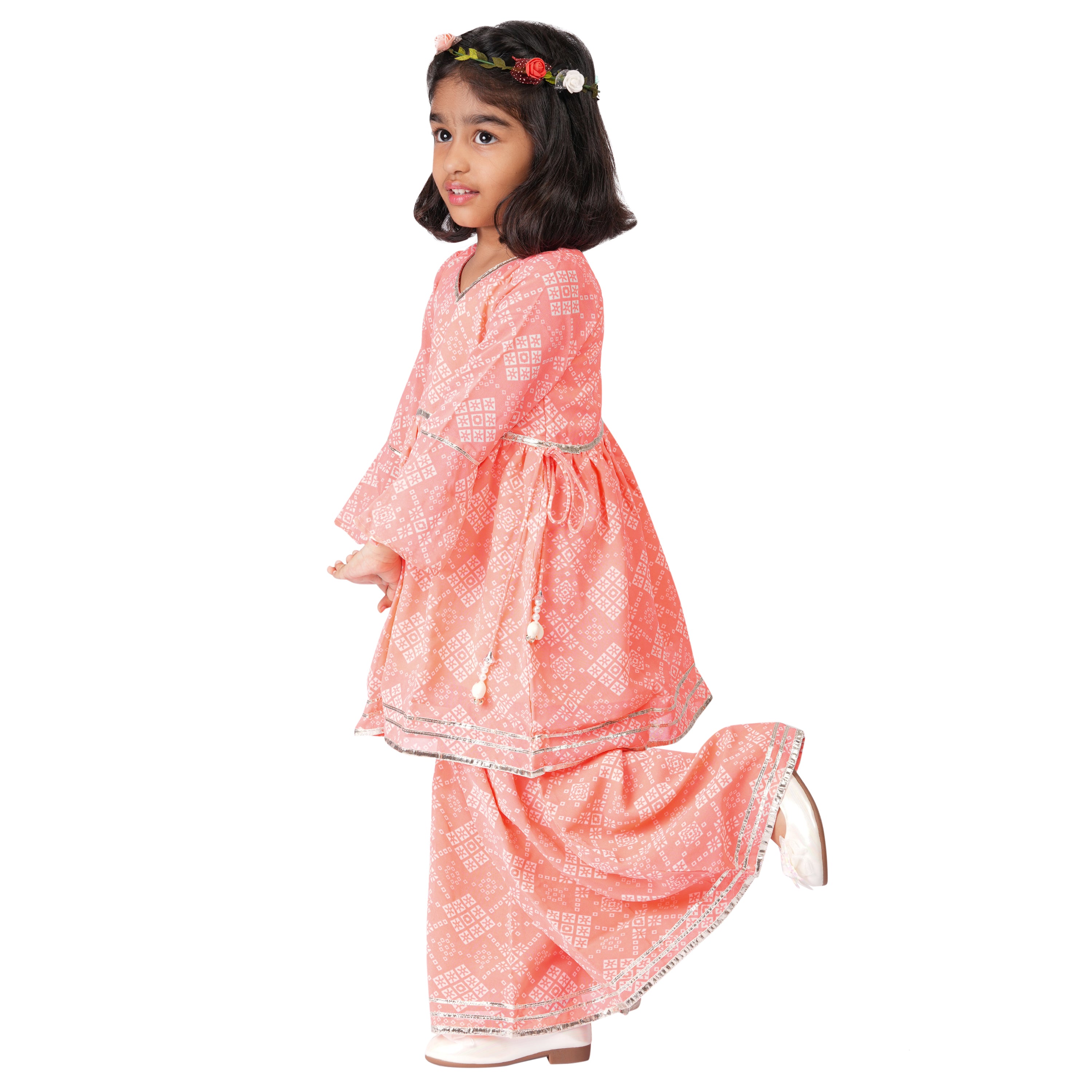 Peach Jaipuri Printed Sharara Set with Gota Patti Work – Ethnic Wear for Girls