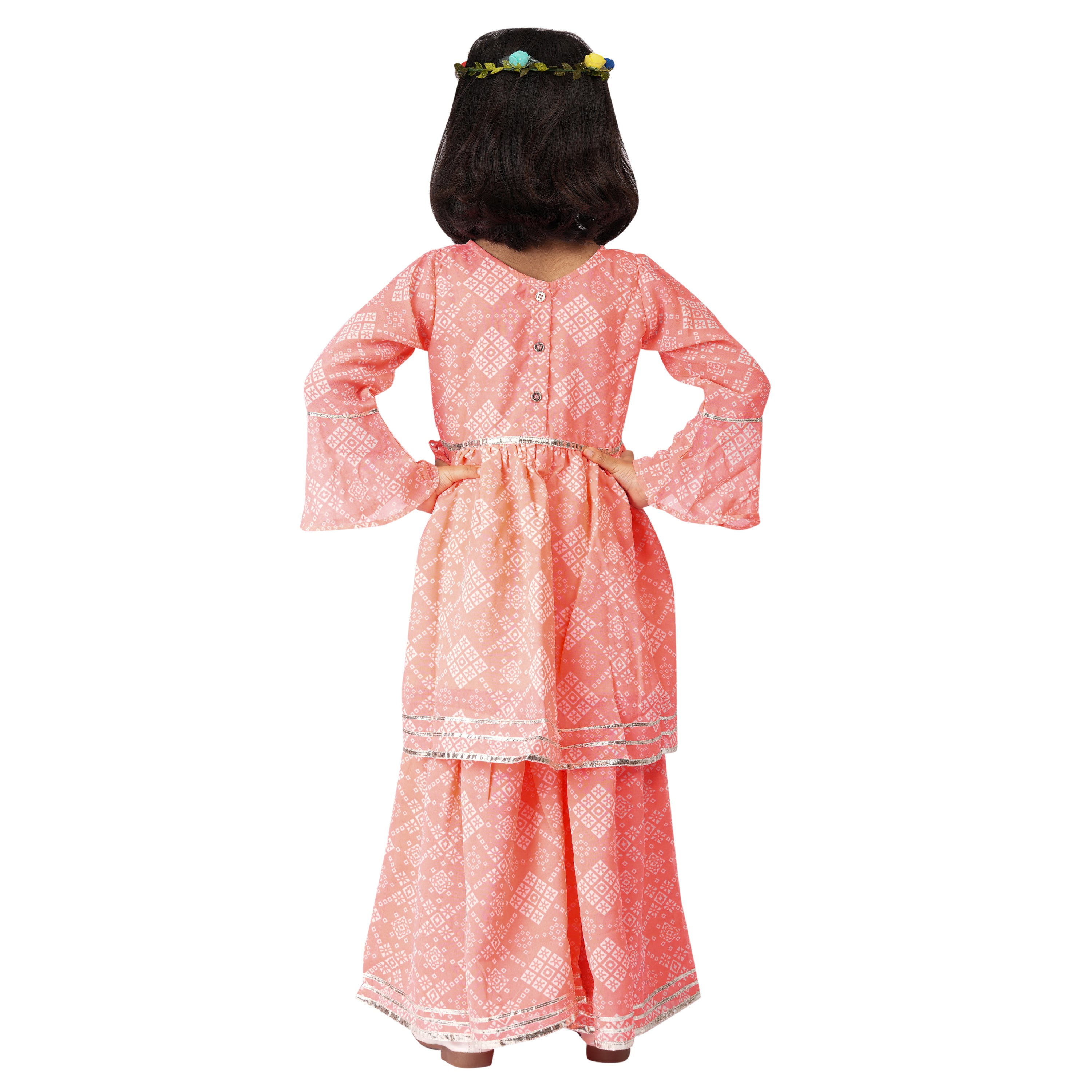 Peach Jaipuri Printed Sharara Set with Gota Patti Work – Ethnic Wear for Girls