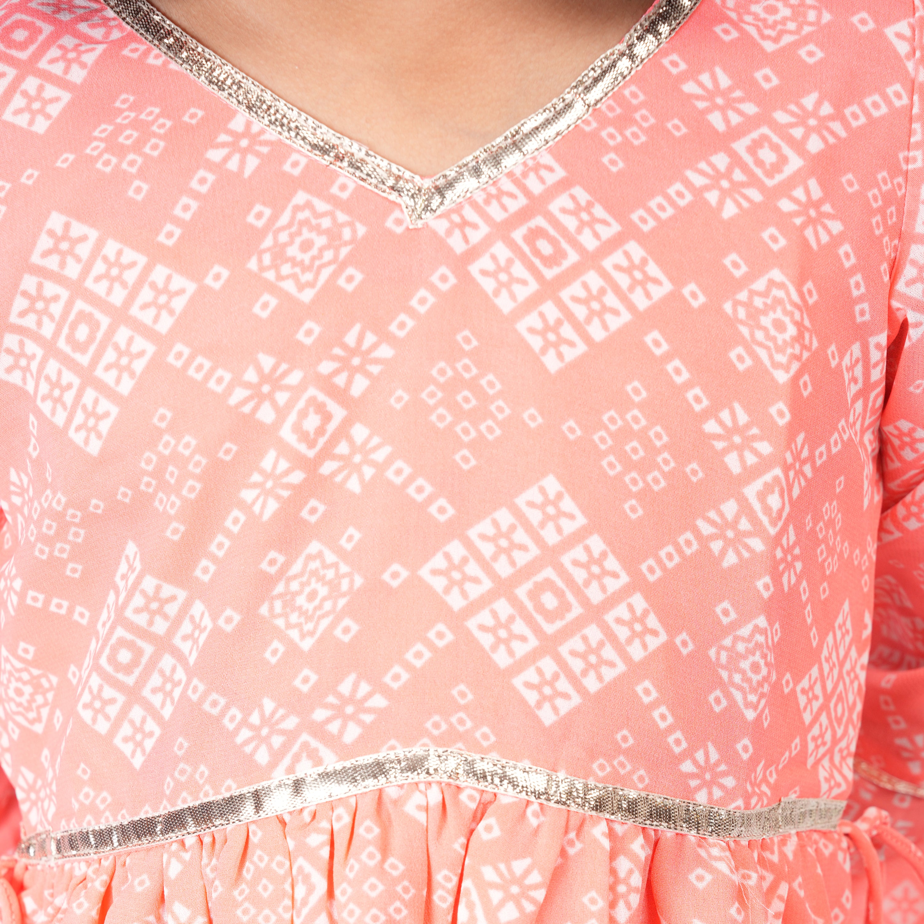 Peach Jaipuri Printed Sharara Set with Gota Patti Work – Ethnic Wear for Girls
