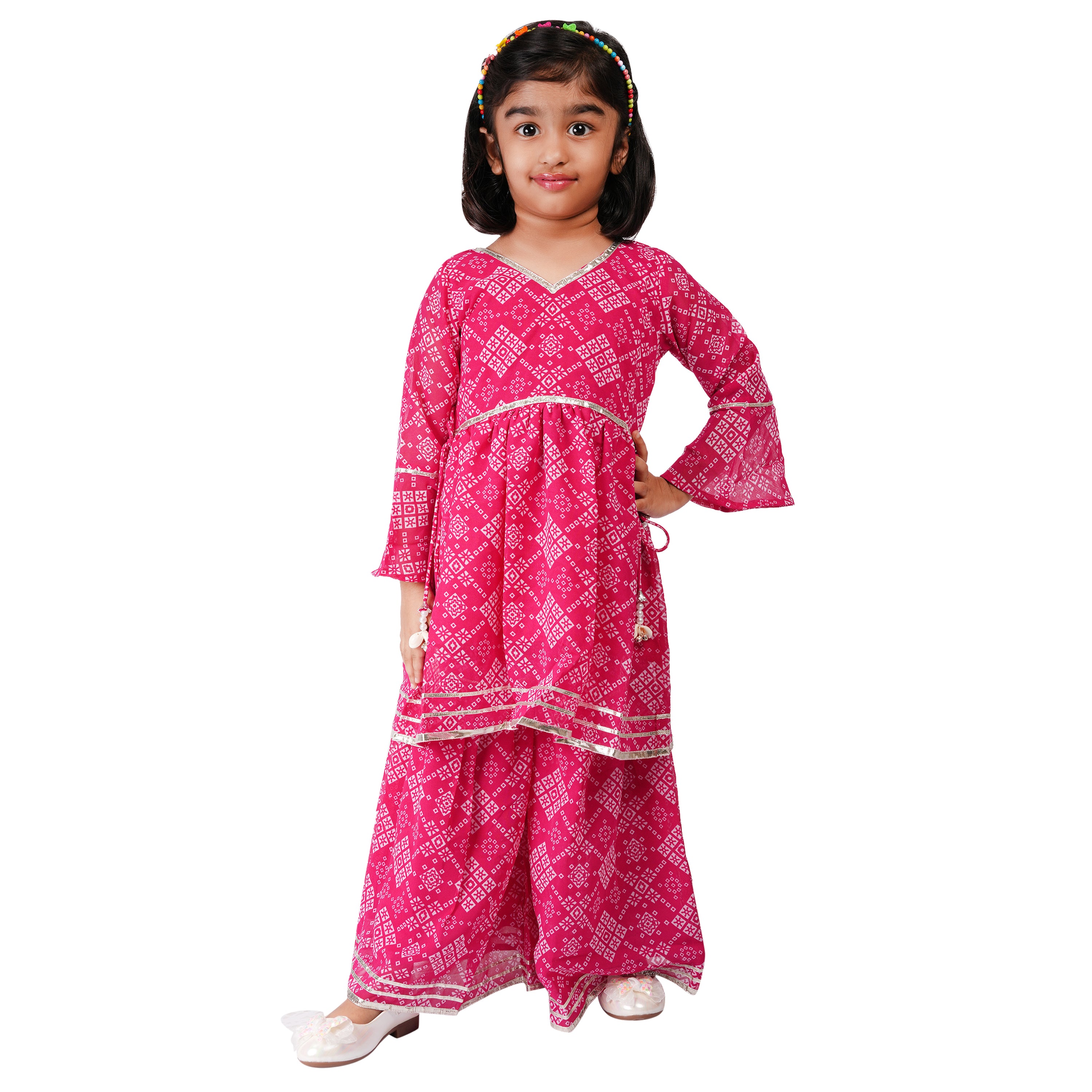 Pink Jaipuri Printed Sharara Set with Gota Work & Kaudi (Ethnic Wear)
