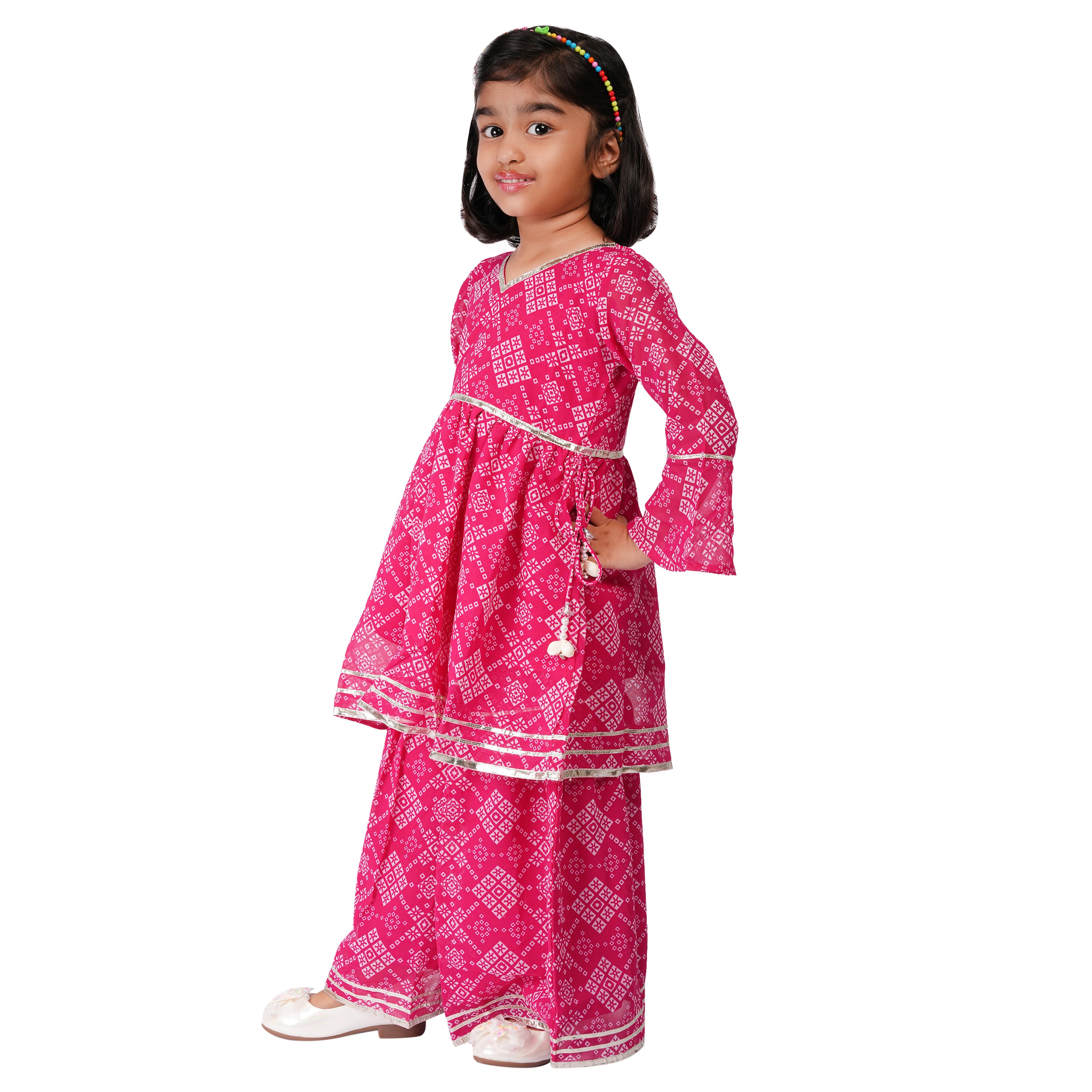 Pink Jaipuri Printed Sharara Set with Gota Work & Kaudi (Ethnic Wear)