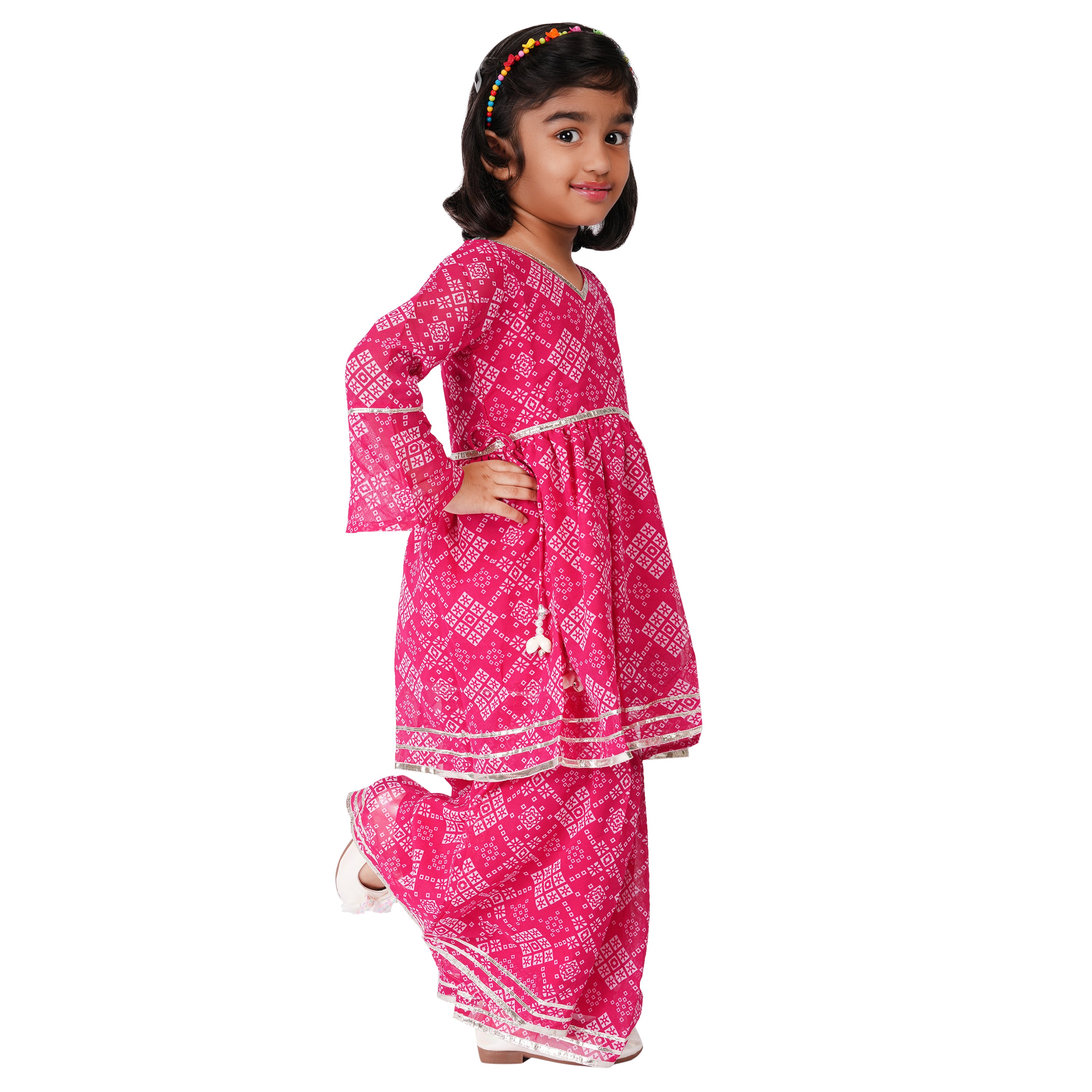Pink Jaipuri Printed Sharara Set with Gota Work & Kaudi (Ethnic Wear)