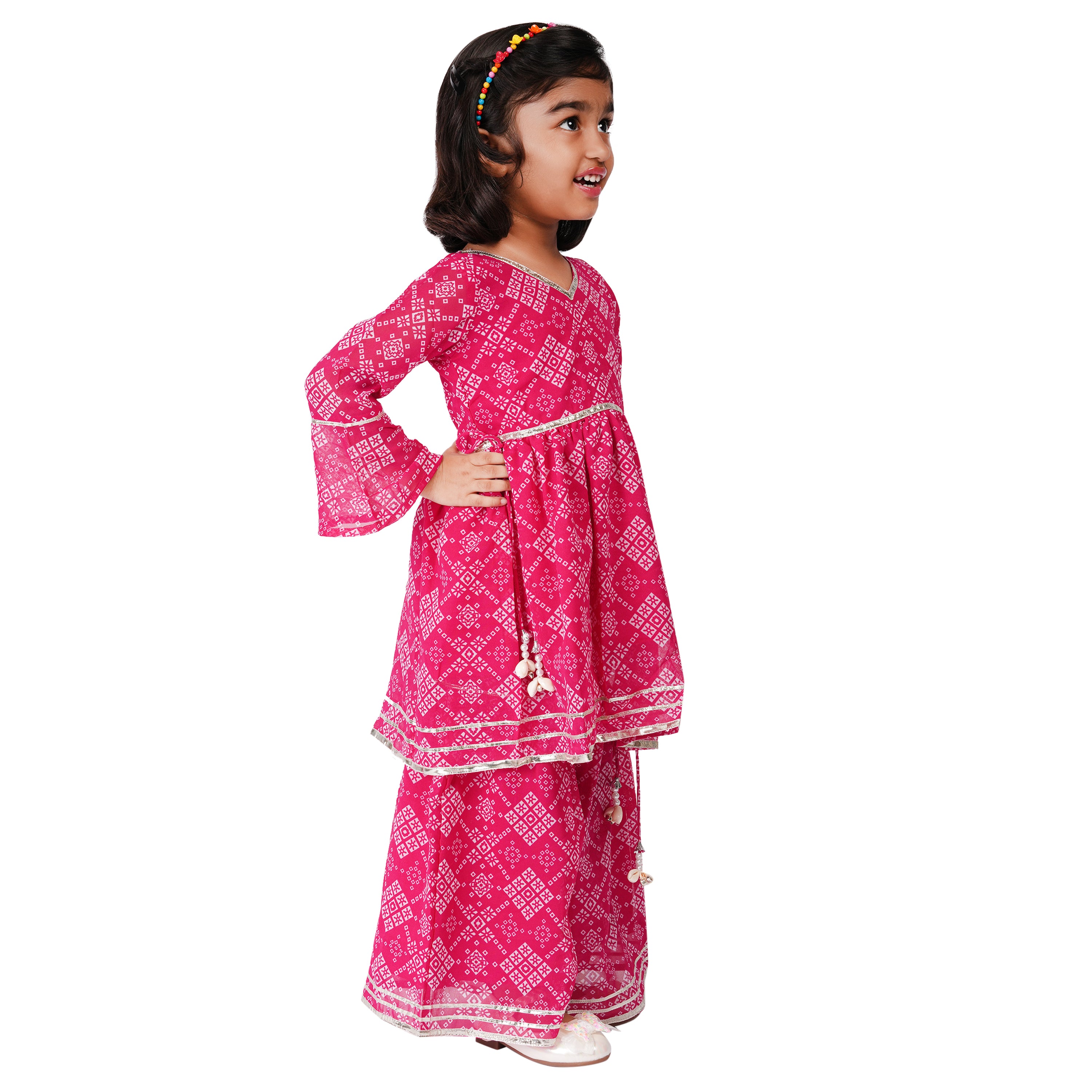 Pink Jaipuri Printed Sharara Set with Gota Work & Kaudi (Ethnic Wear)