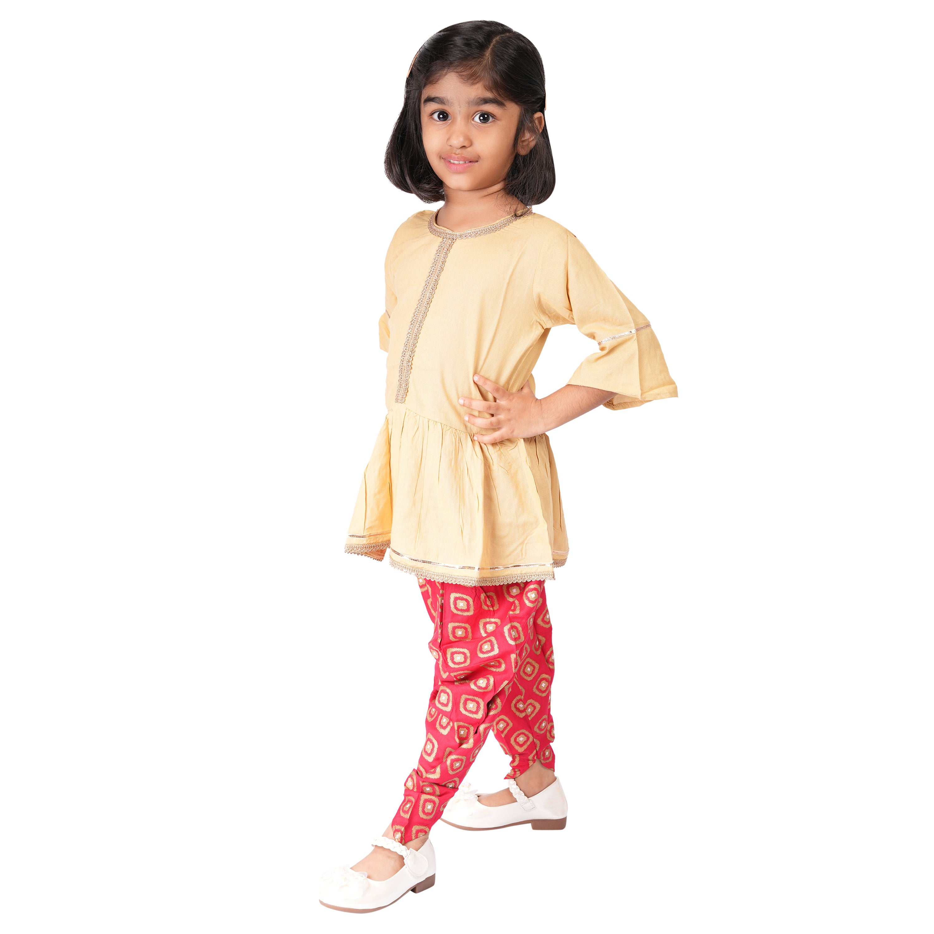 Girls Ethnic Dhoti Set – Beige & Red Foil Print with Gota Patti Work