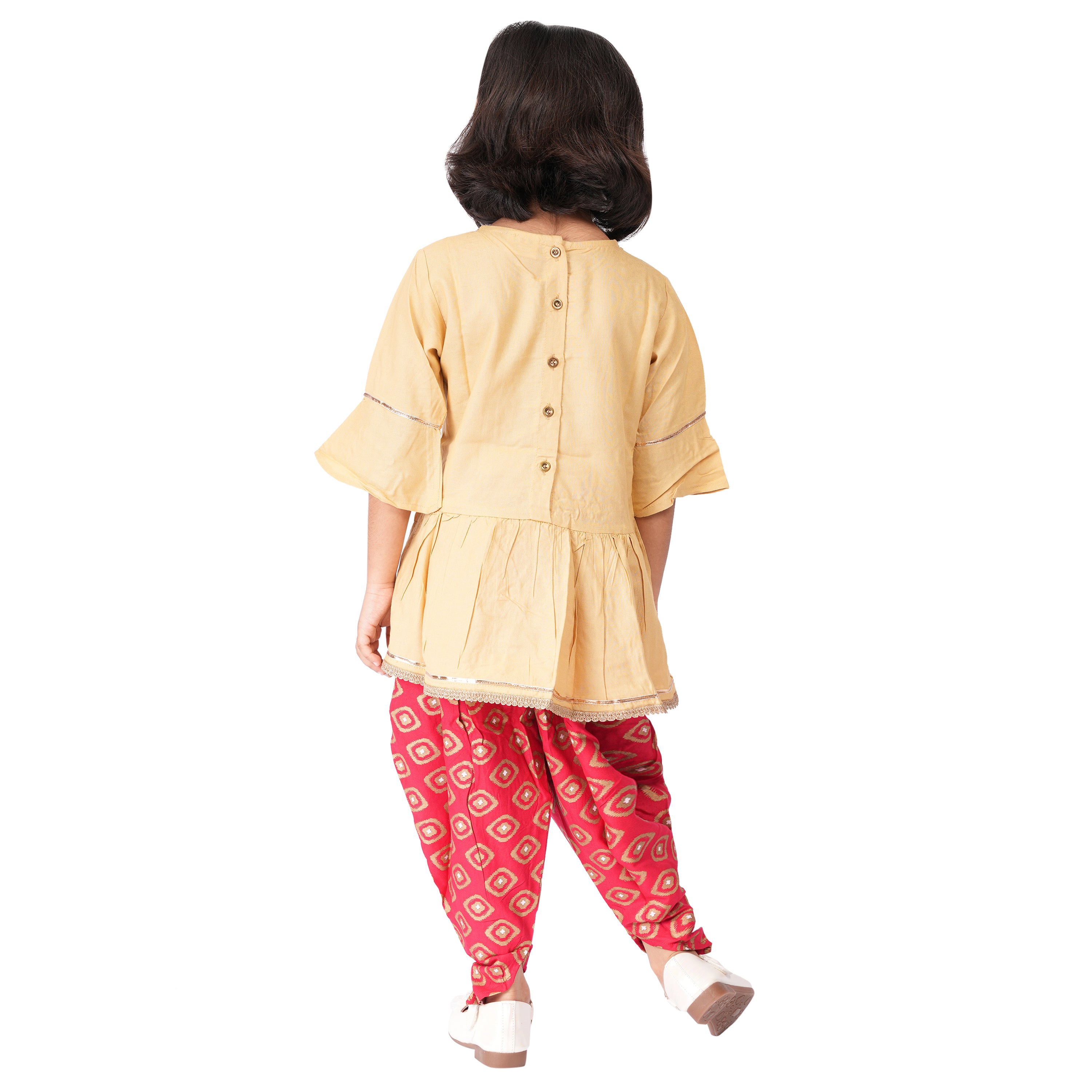 Girls Ethnic Dhoti Set – Beige & Red Foil Print with Gota Patti Work