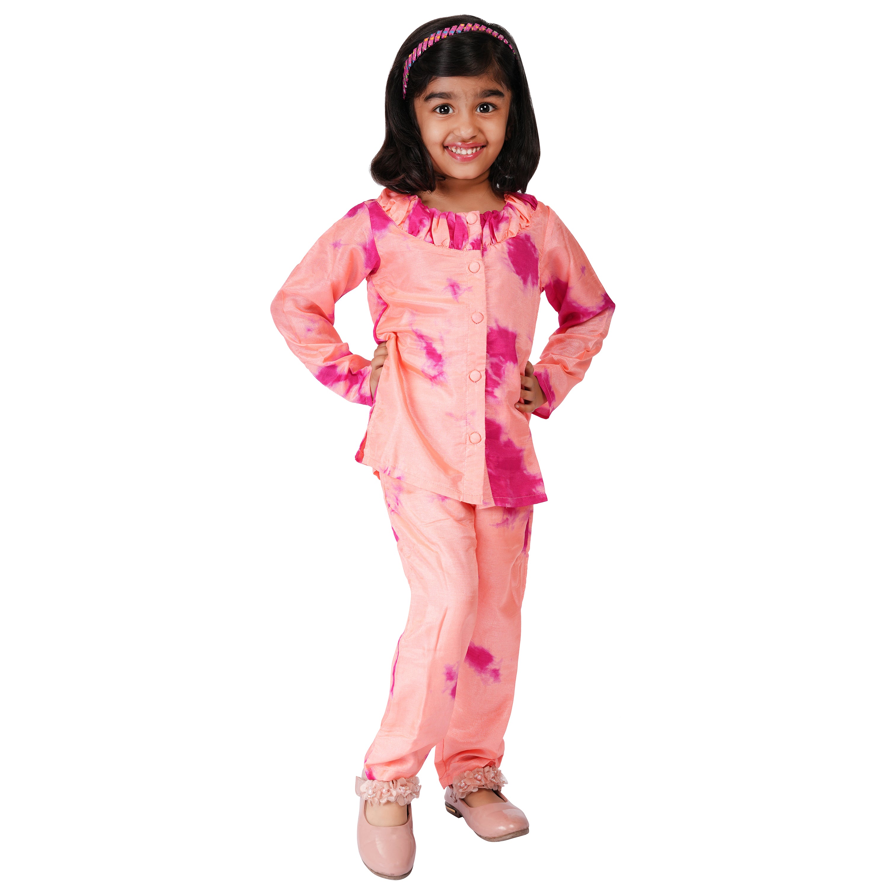 Girls Formal Ethnic Set – Peach & Pink Tie-Dye in Art Silk (Waist Length)