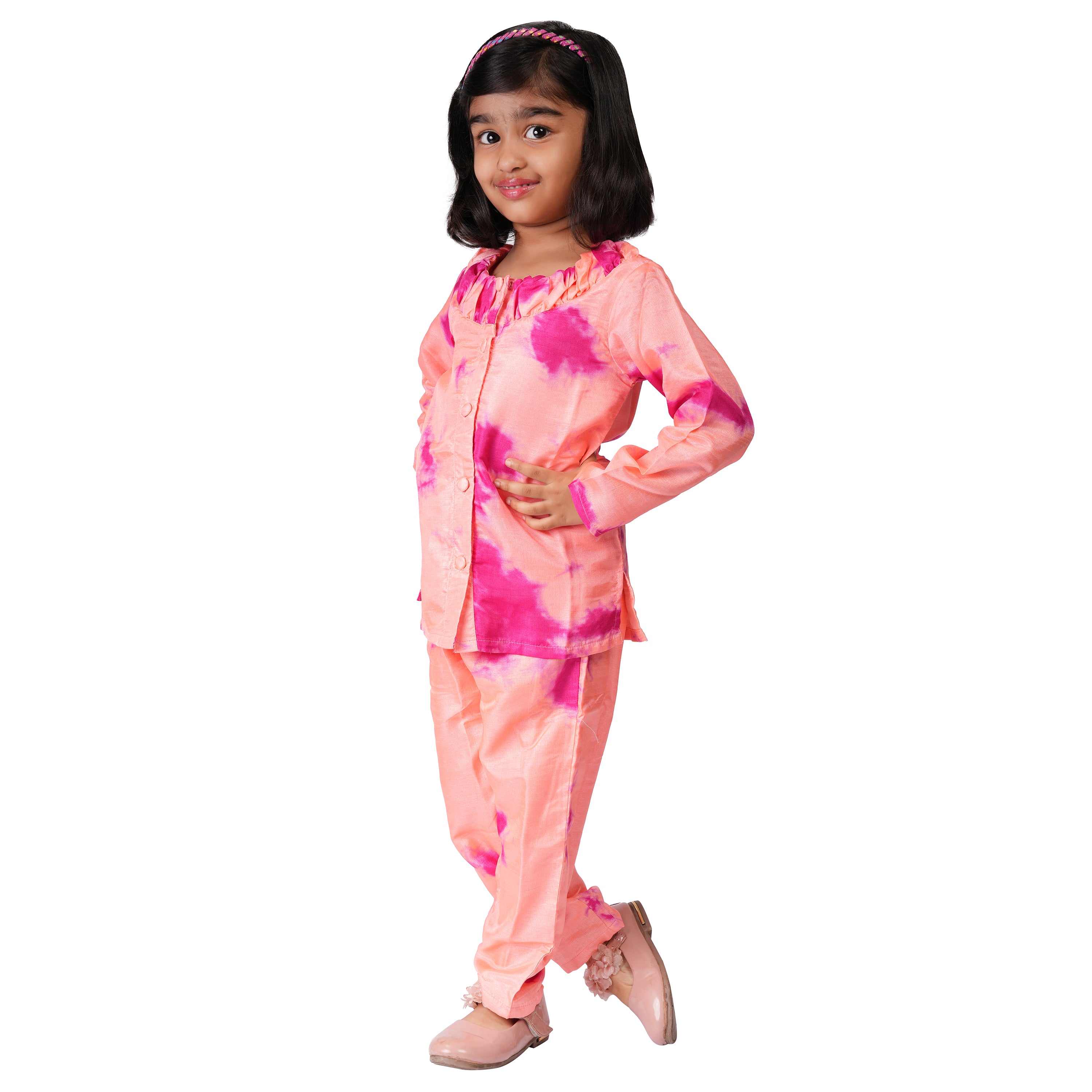 Girls Formal Ethnic Set – Peach & Pink Tie-Dye in Art Silk (Waist Length)