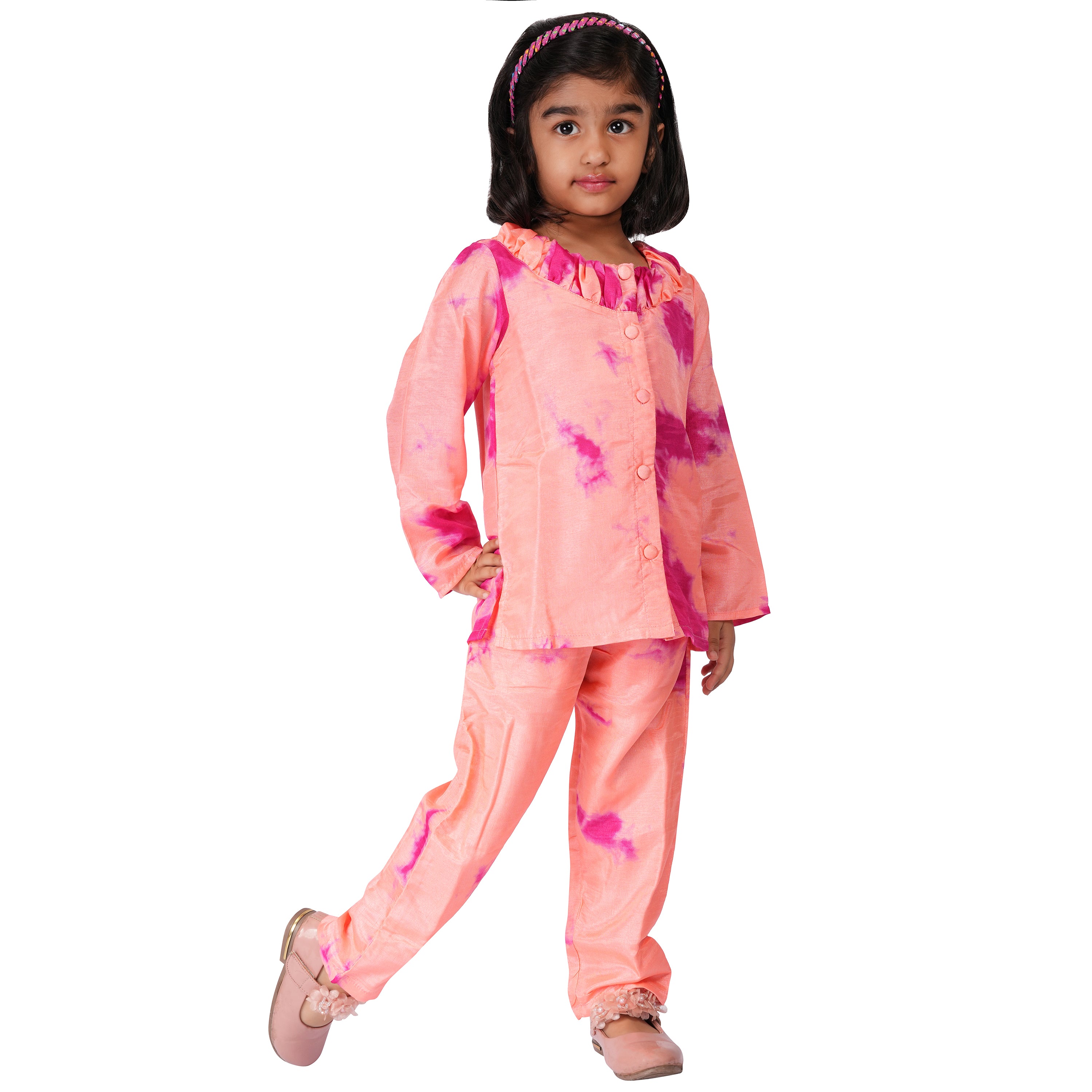 Girls Formal Ethnic Set – Peach & Pink Tie-Dye in Art Silk (Waist Length)