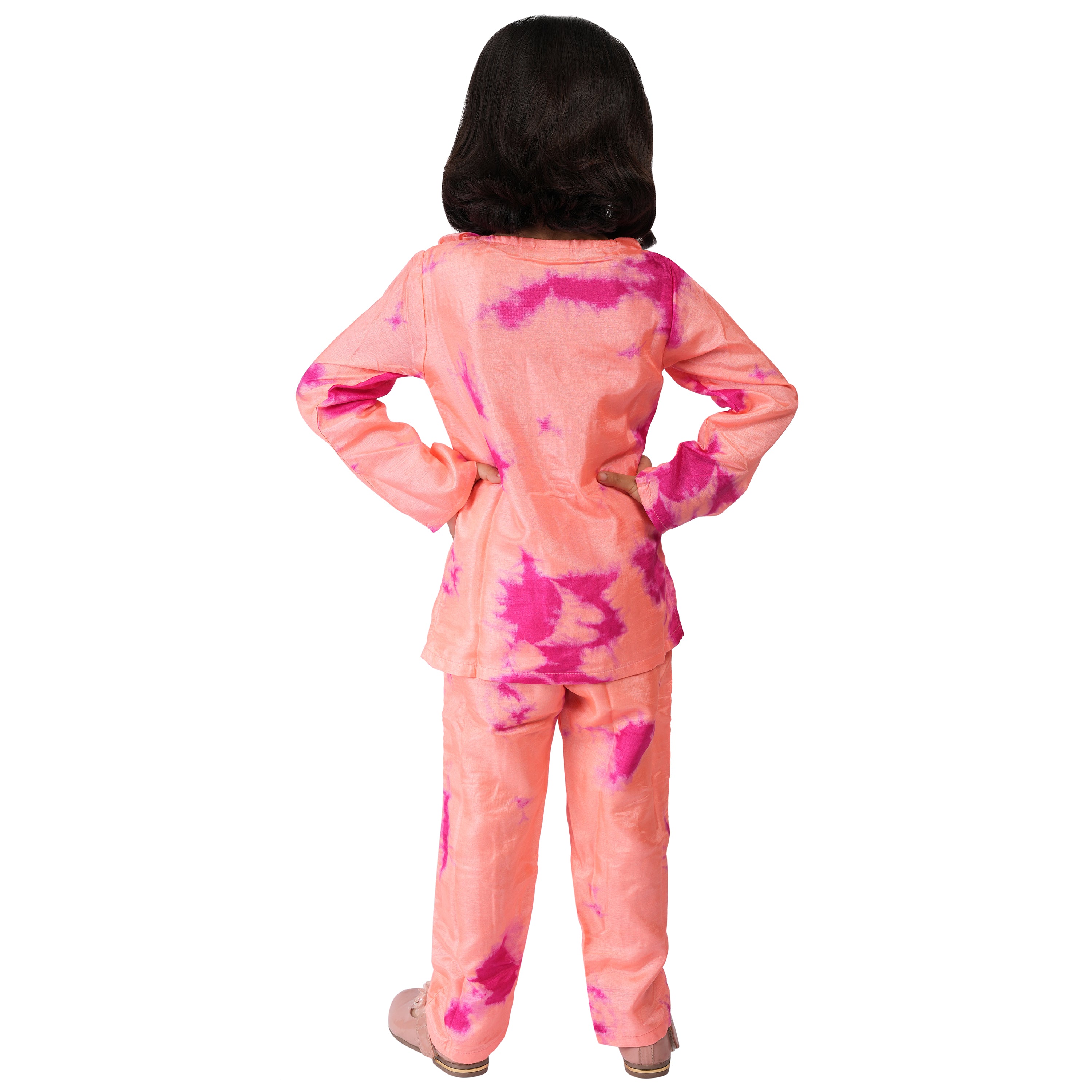 Girls Formal Ethnic Set – Peach & Pink Tie-Dye in Art Silk (Waist Length)