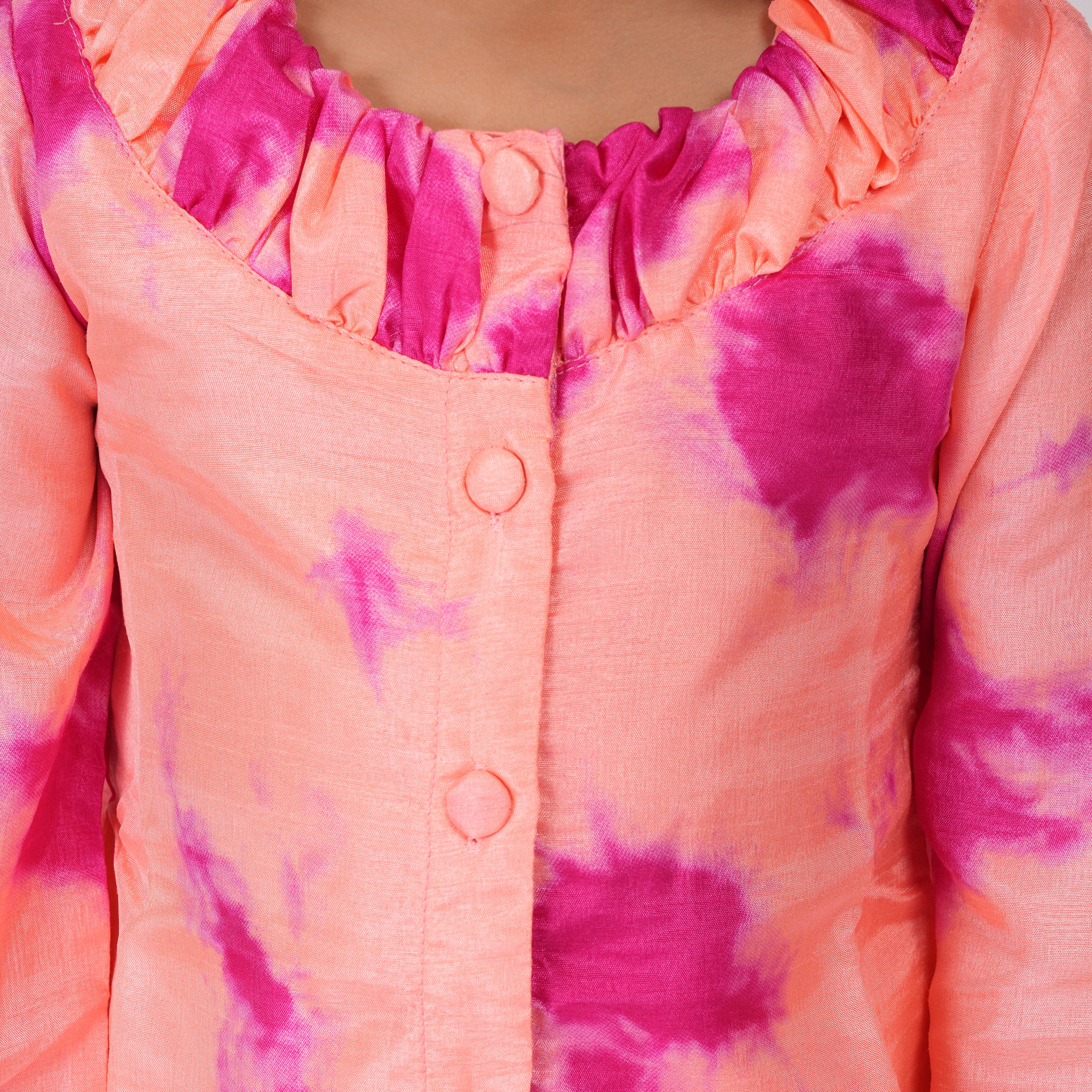 Girls Formal Ethnic Set – Peach & Pink Tie-Dye in Art Silk (Waist Length)