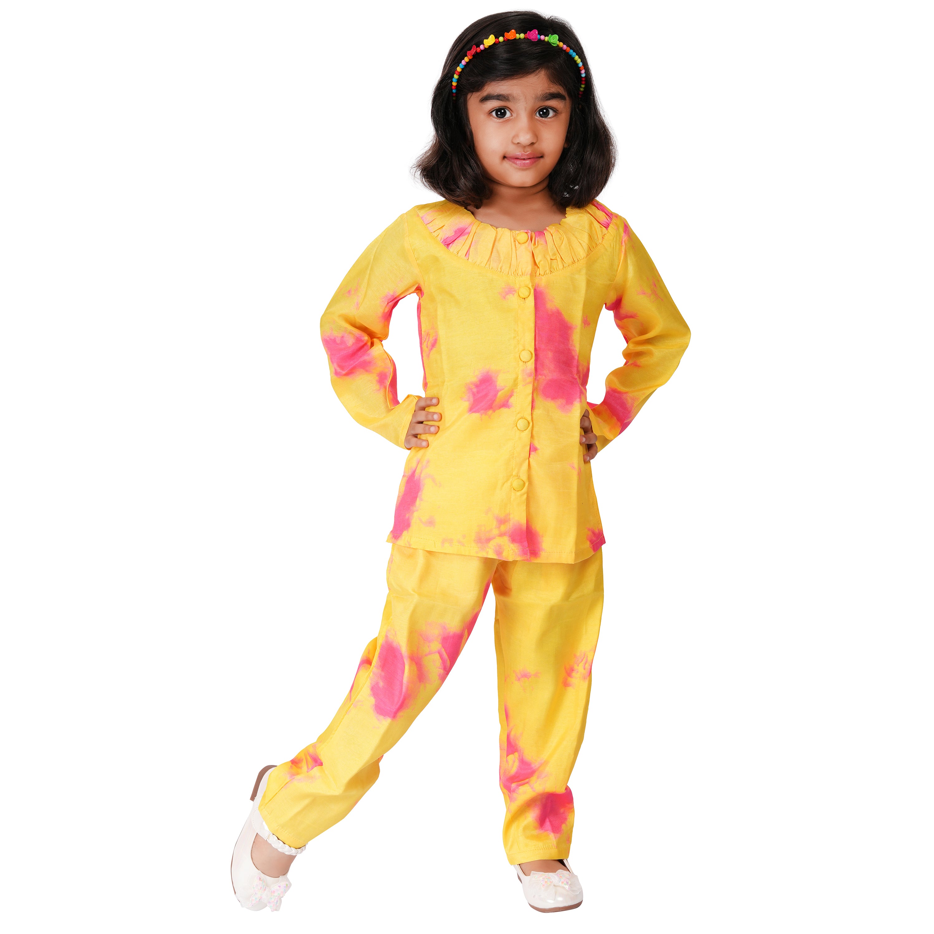 Tie & Dye Cord Set in Art Silk – Yellow & Pink