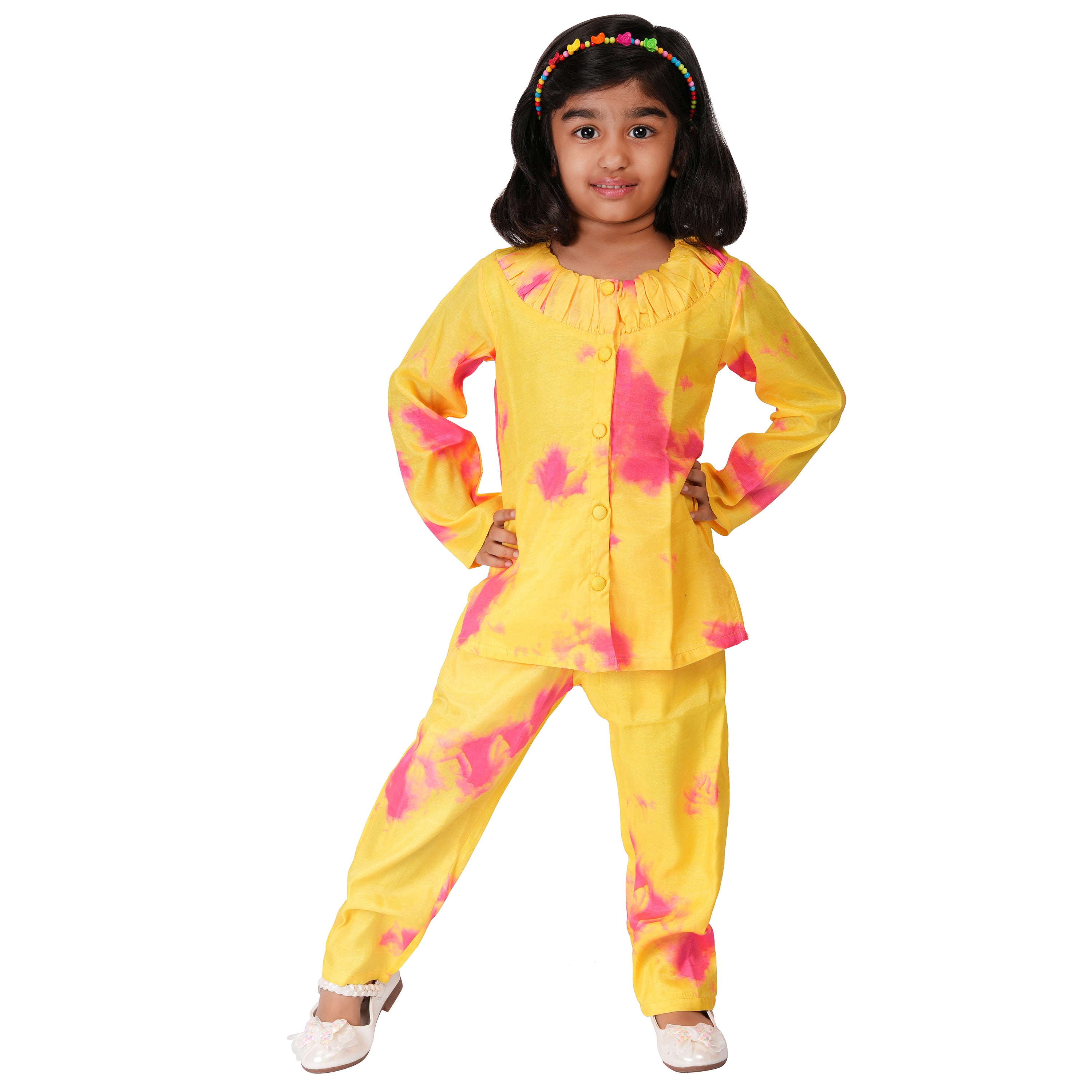 Tie & Dye Cord Set in Art Silk – Yellow & Pink