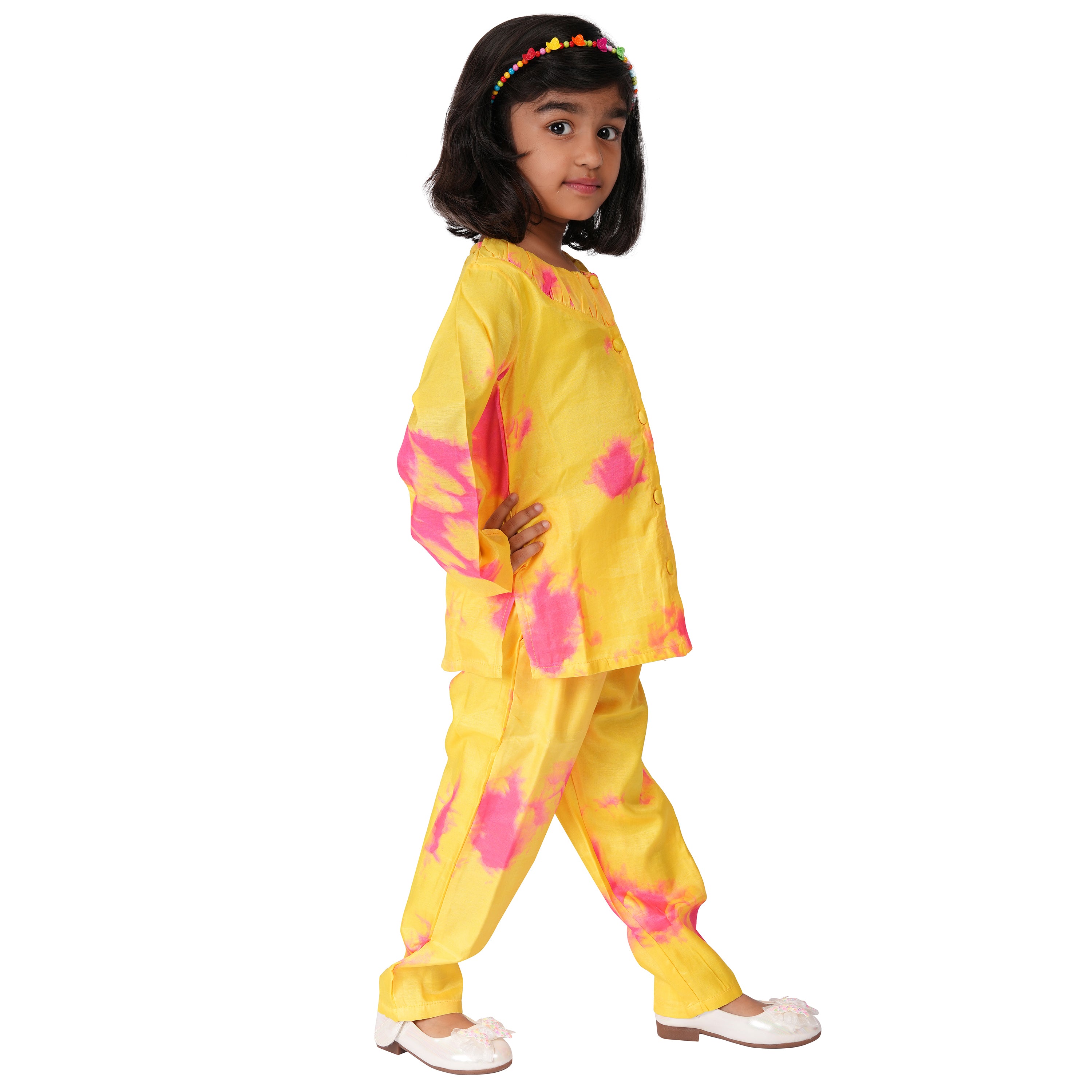 Tie & Dye Cord Set in Art Silk – Yellow & Pink