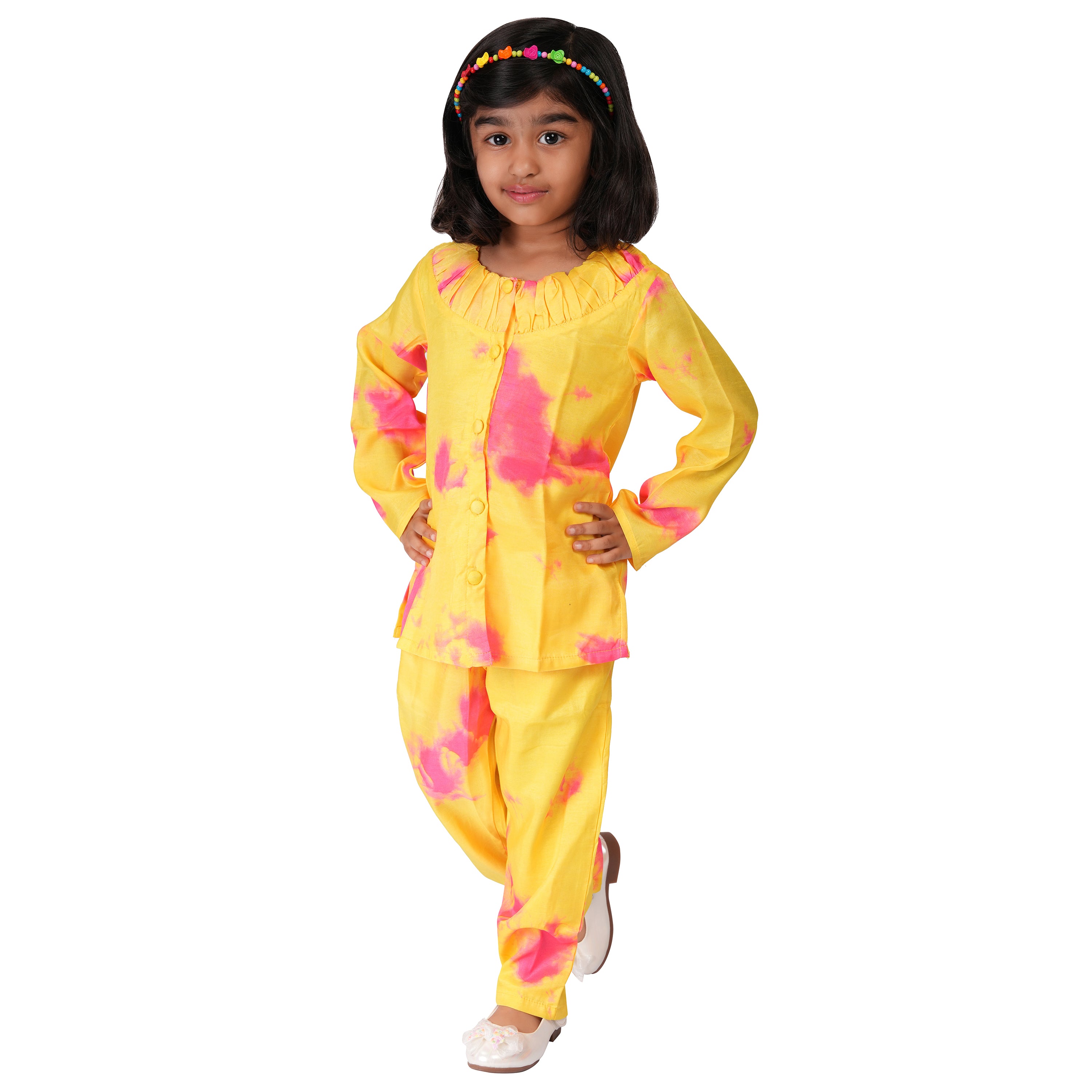 Tie & Dye Cord Set in Art Silk – Yellow & Pink