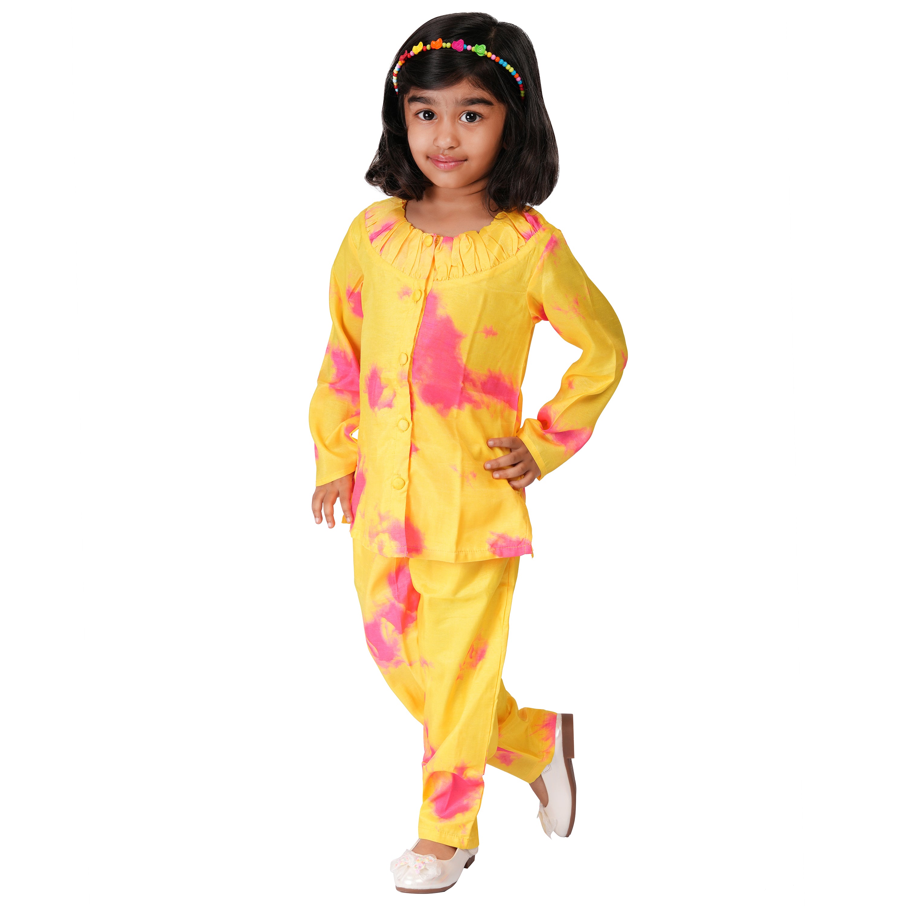 Tie & Dye Cord Set in Art Silk – Yellow & Pink